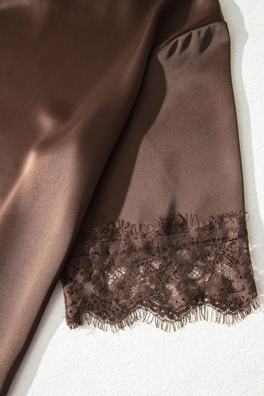 Asymmetric Lace Trim Short Sleeve Satin Top - SuzRevera