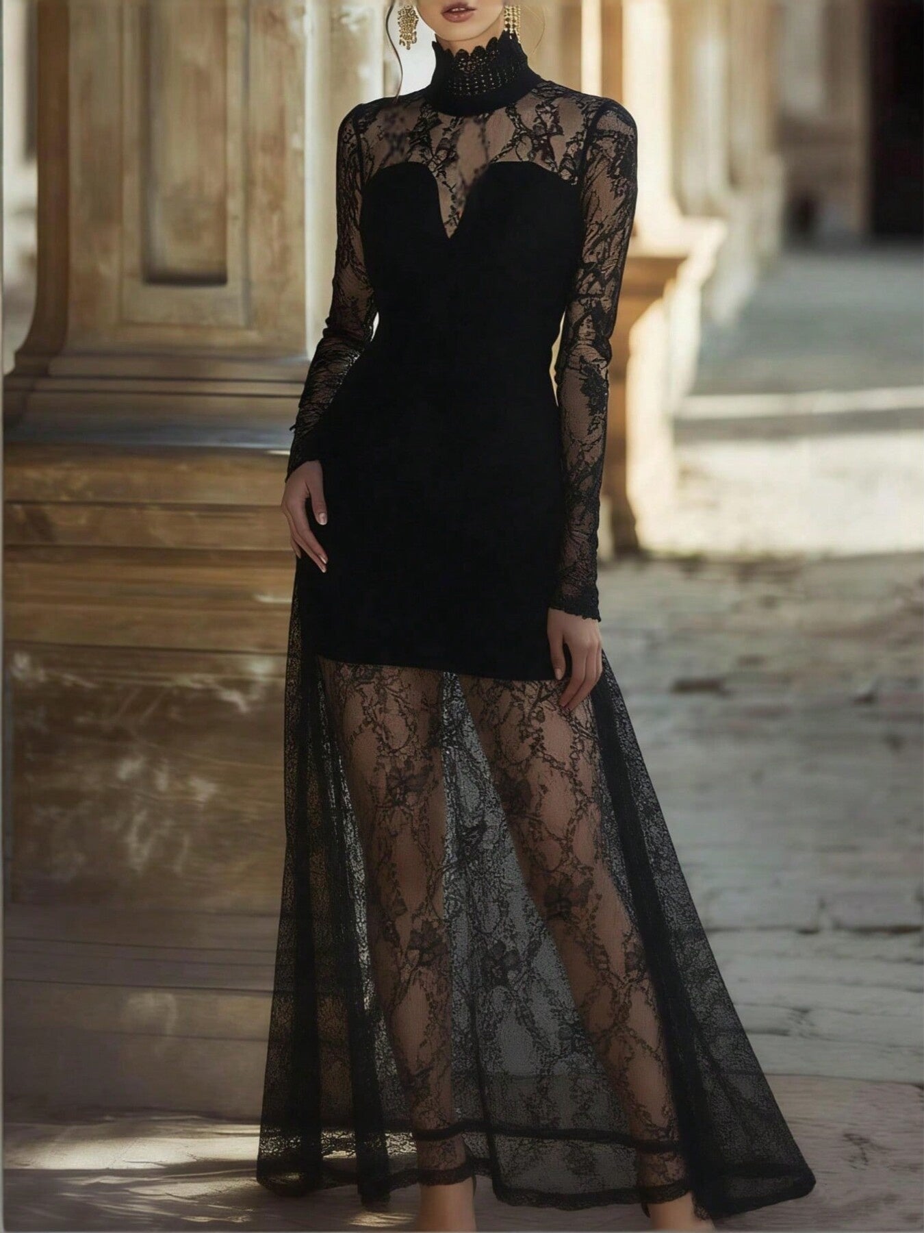 Lace High Neck Long Sleeve Maxi Dress | Casual Chic SuzRevera SuzRevera Lace High Neck Long Sleeve Maxi Dress | Casual Chic SuzRevera SuzRevera