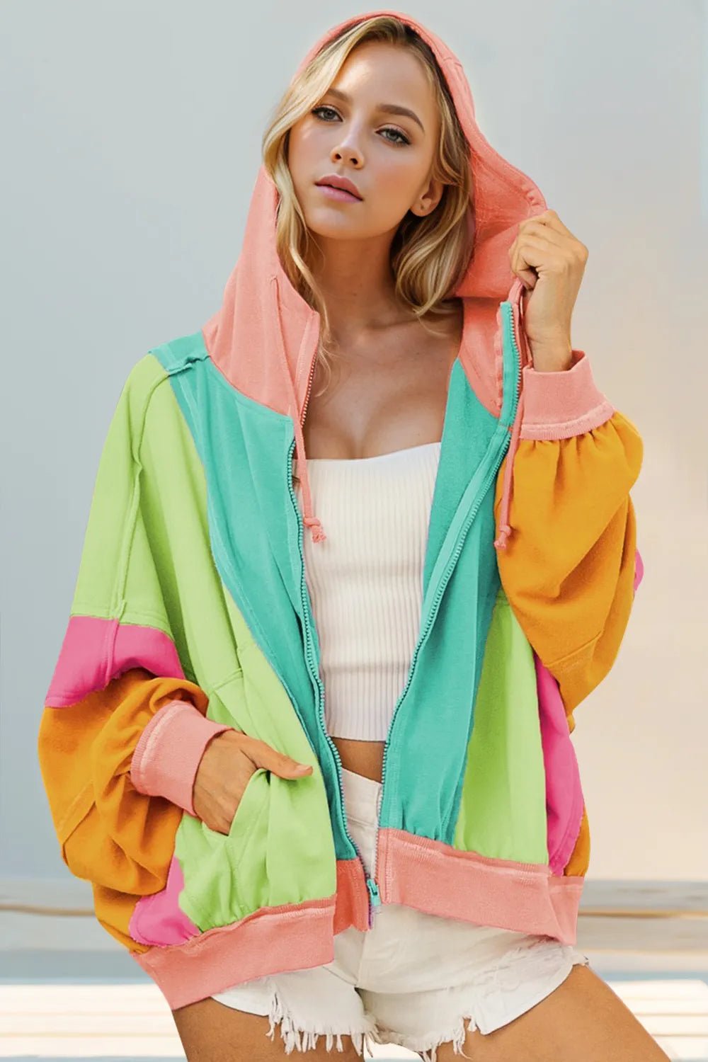 Double Take Full Size Color Block Zip Up Hoodie - SuzRevera