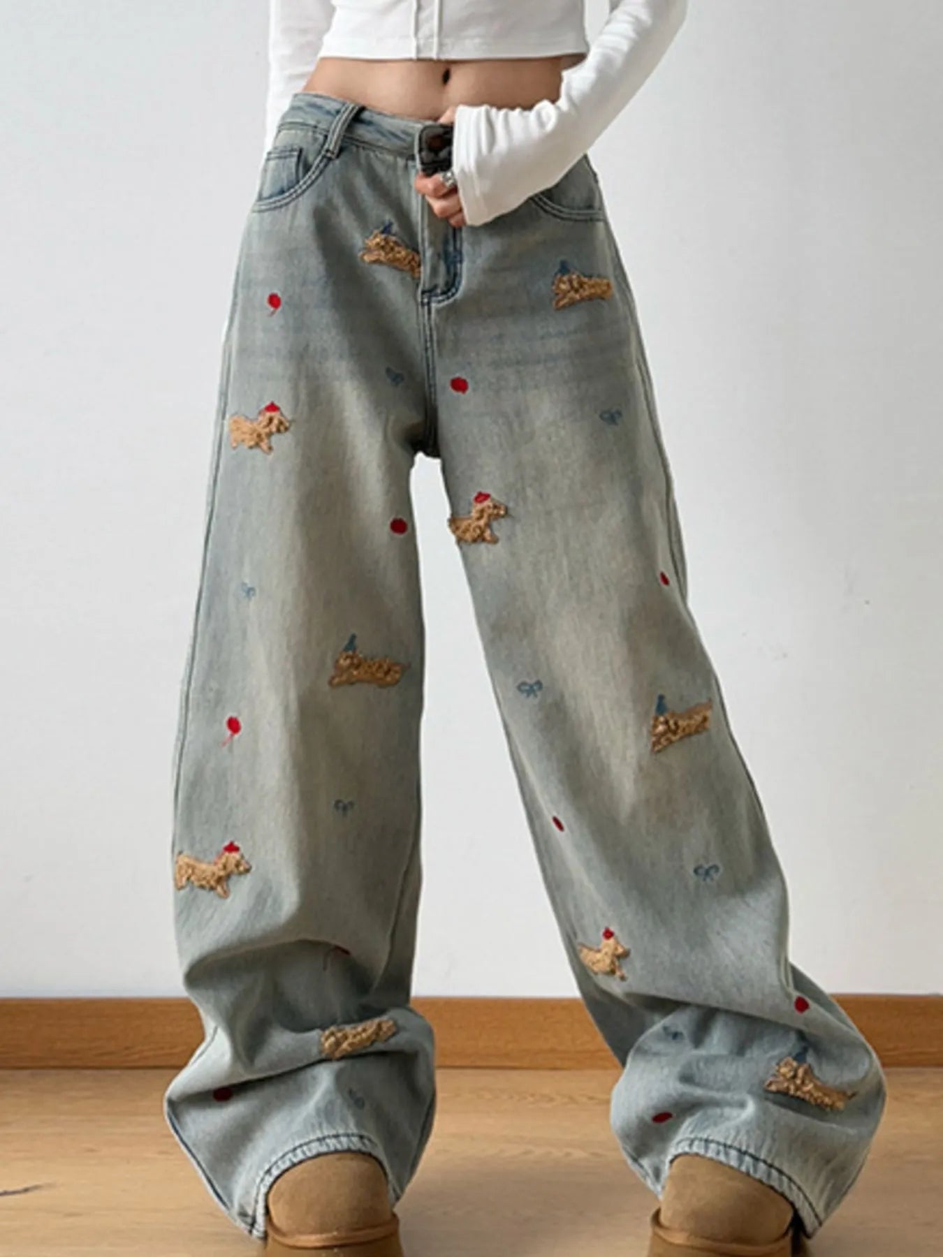 Embroidered Wide Leg Jeans - SuzRevera