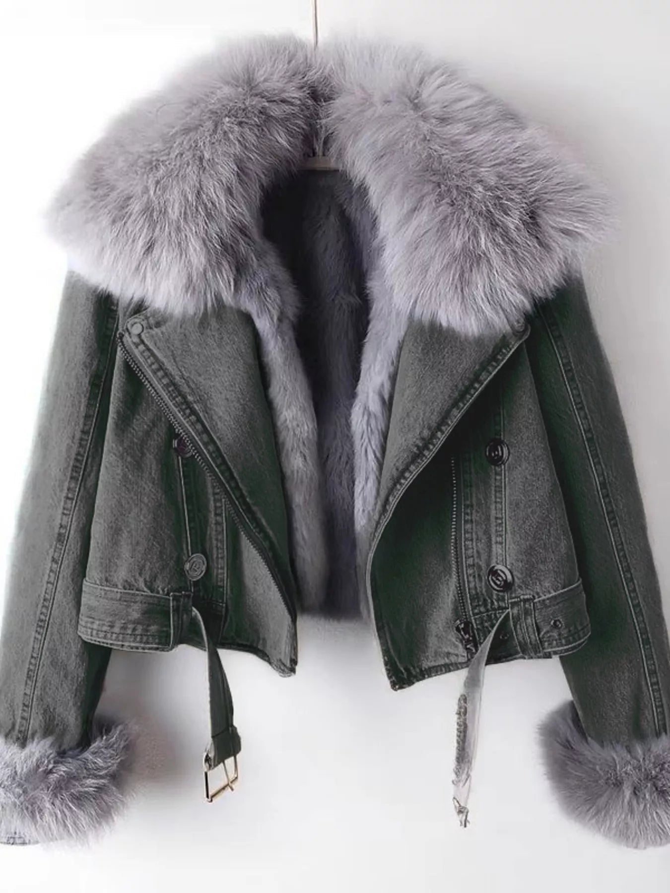 Full Size Faux Fur Collar Denim Jacket Plus Size - SuzRevera