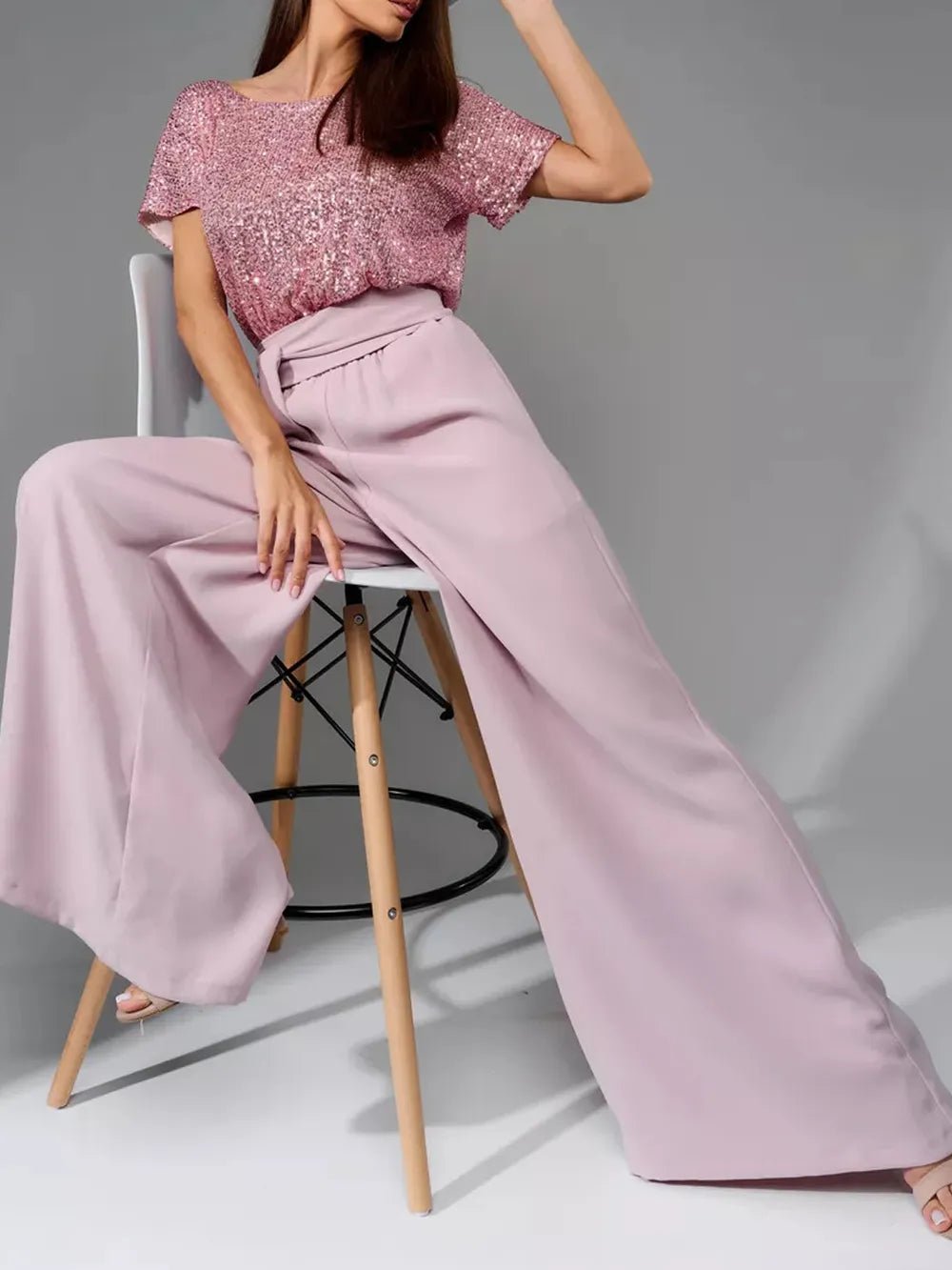 Full Size Sequin Round Neck Short Sleeve Wide Leg Jumpsuit - SuzRevera