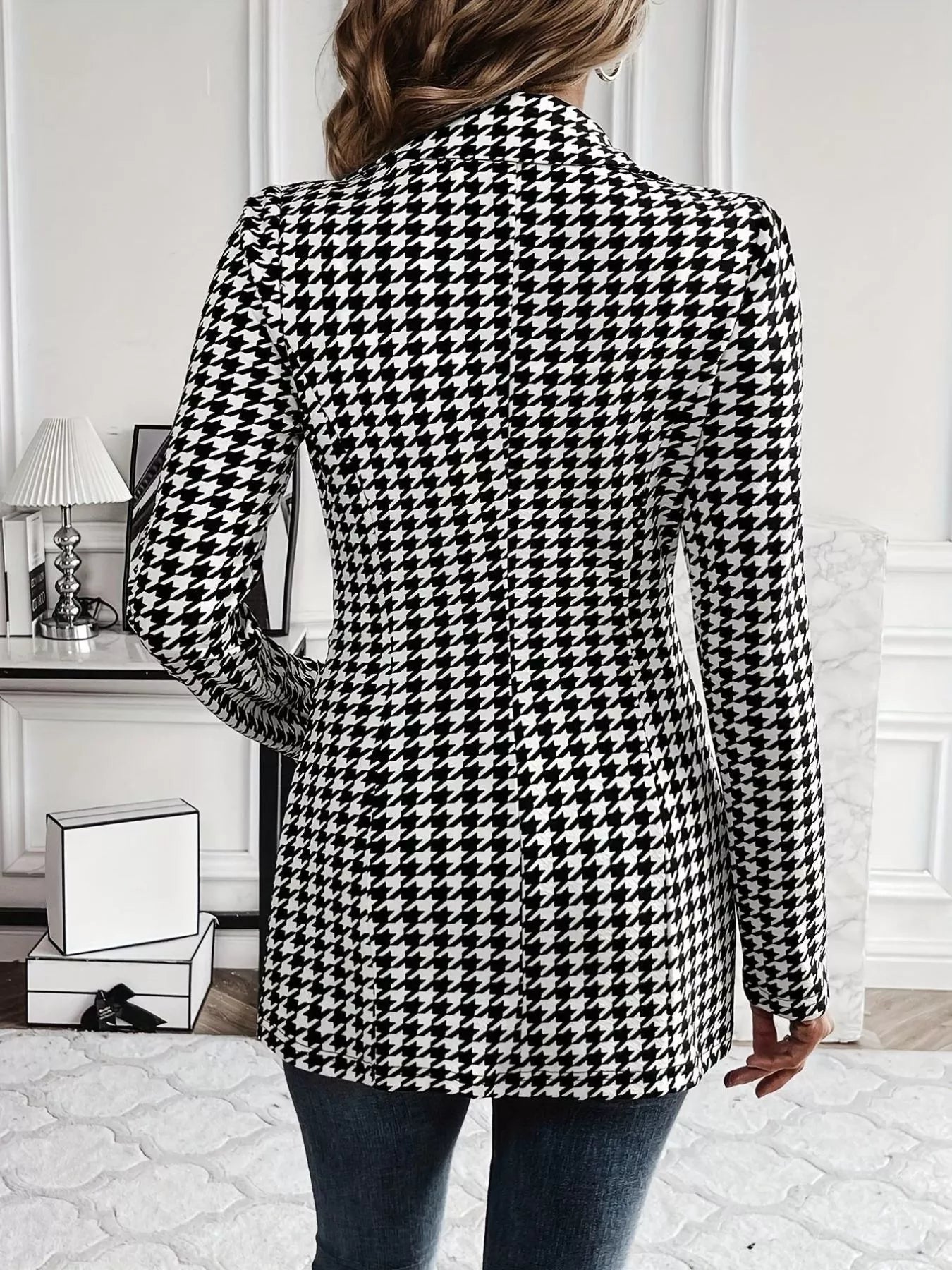 Houndstooth Print Lapel Collar Blazer - SuzRevera