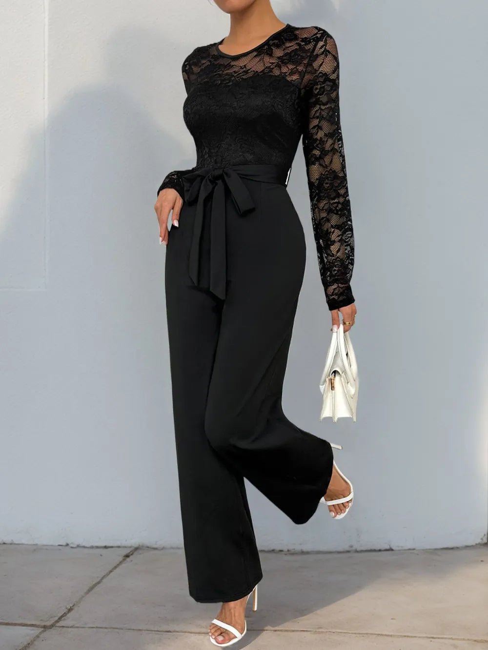 Lace Round Neck Long Sleeve Jumpsuit - SuzRevera