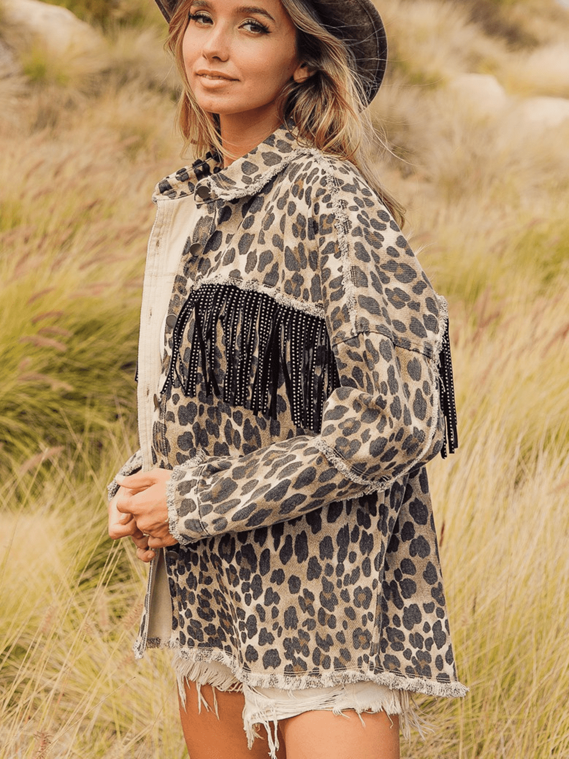 Leopard Fringe Detail Collared Neck Denim Jacket - SuzRevera