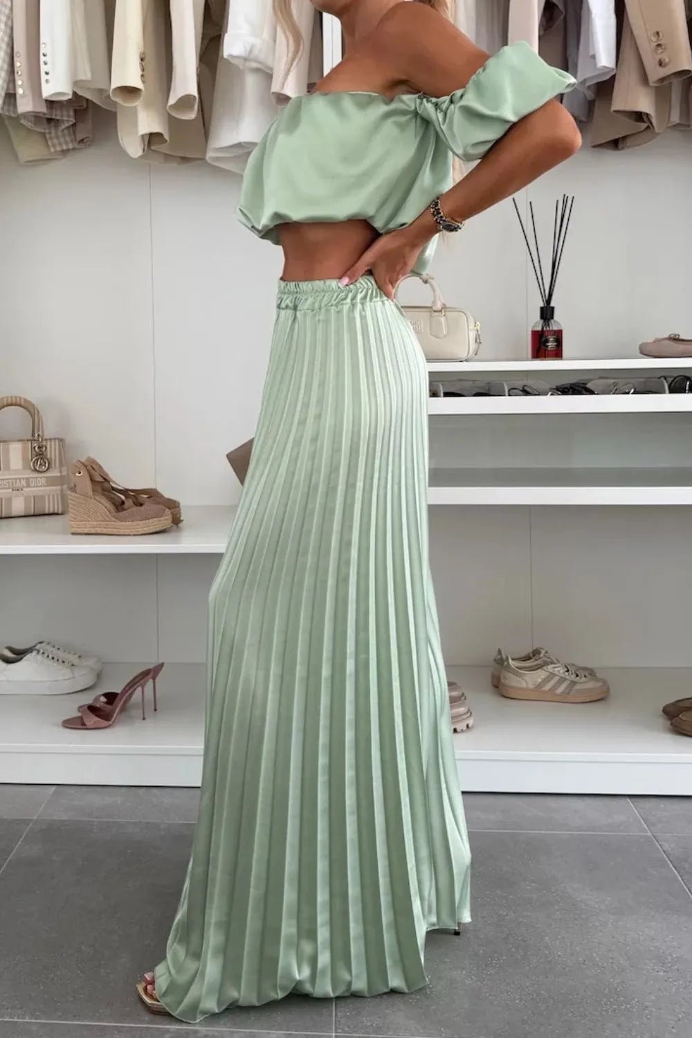 Off - Shoulder Top and Pleated Pants Set - SuzRevera