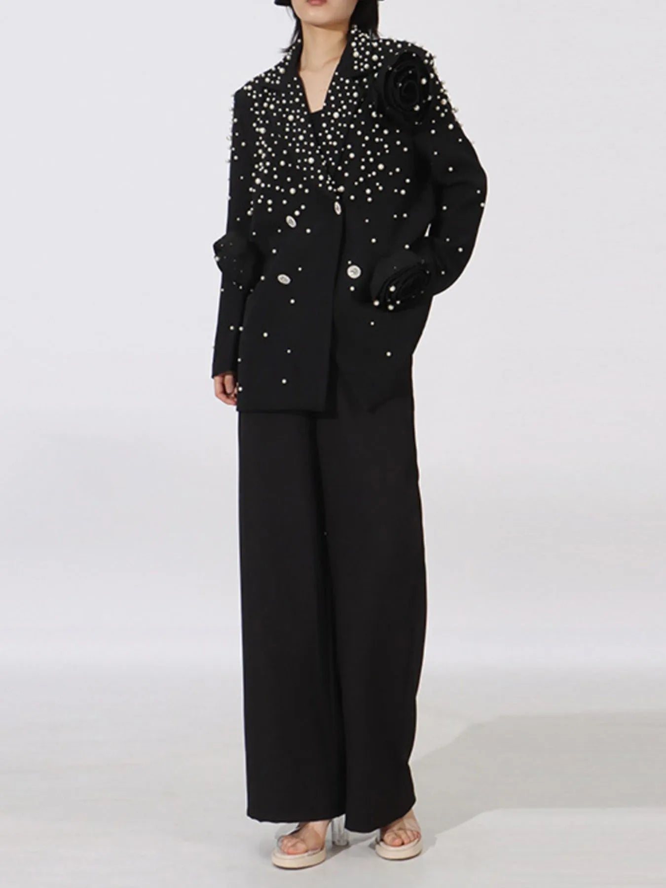 Pearl Embellished Double - Breasted Blazer - SuzRevera