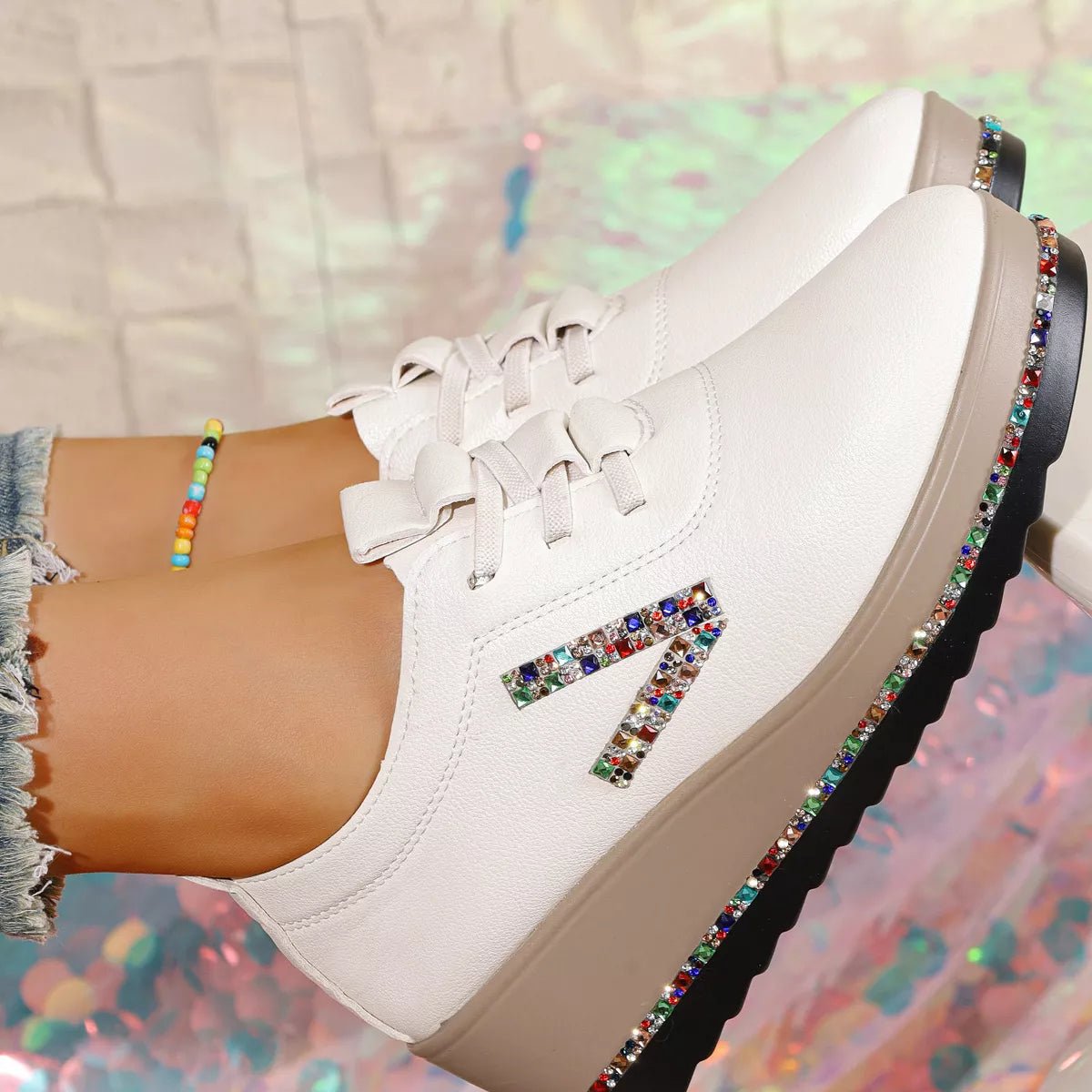Rhinestone Round Toe Wedge Sneakers - SuzRevera