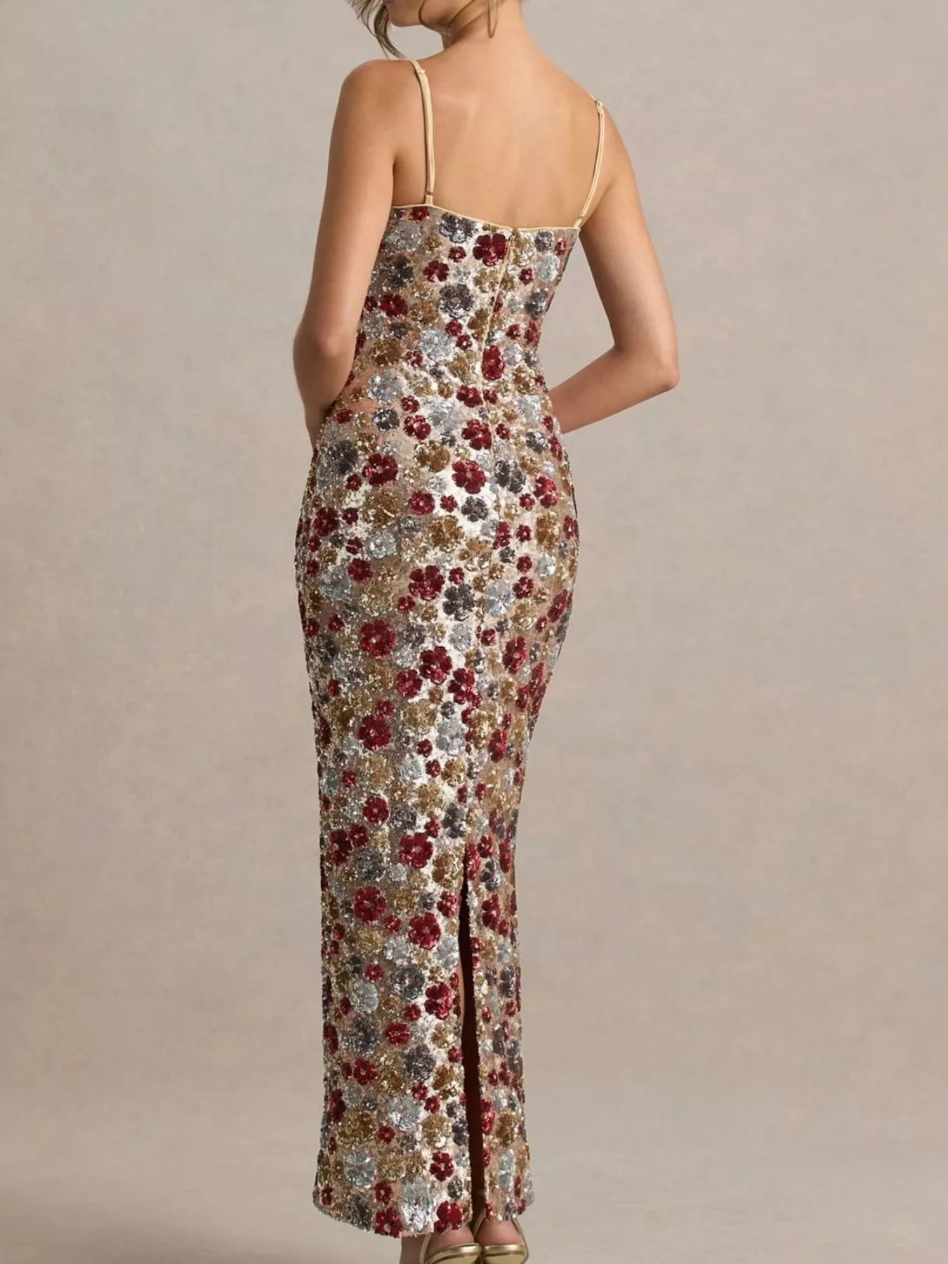 Slit Floral Sequin Bodycon Maxi Dress - SuzRevera