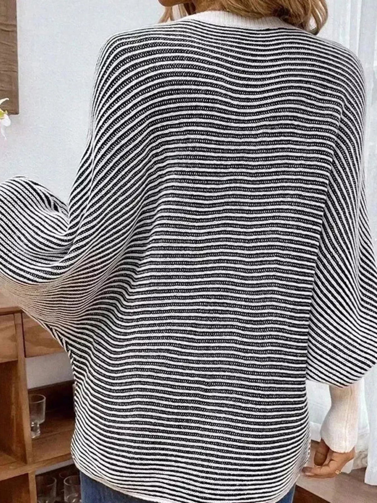 V-Neck Striped Batwing Sleeve Sweater - SuzRevera