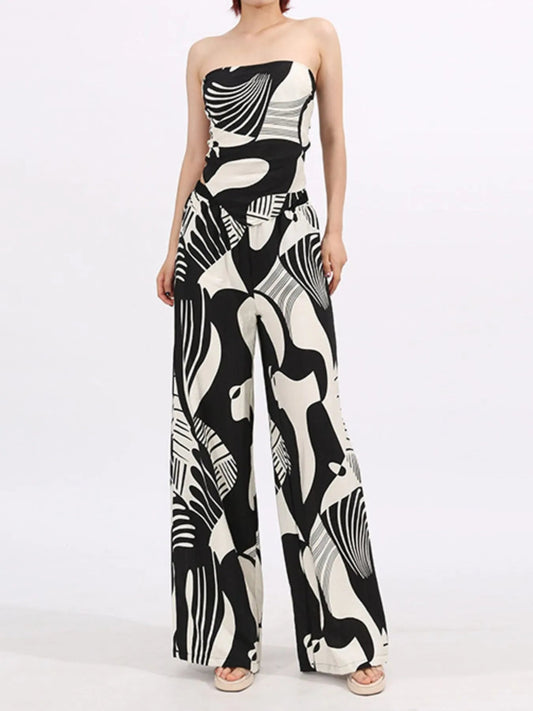 Abstract Print Tube Top and Wide Leg Pants Two-Piece Set - SuzRevera