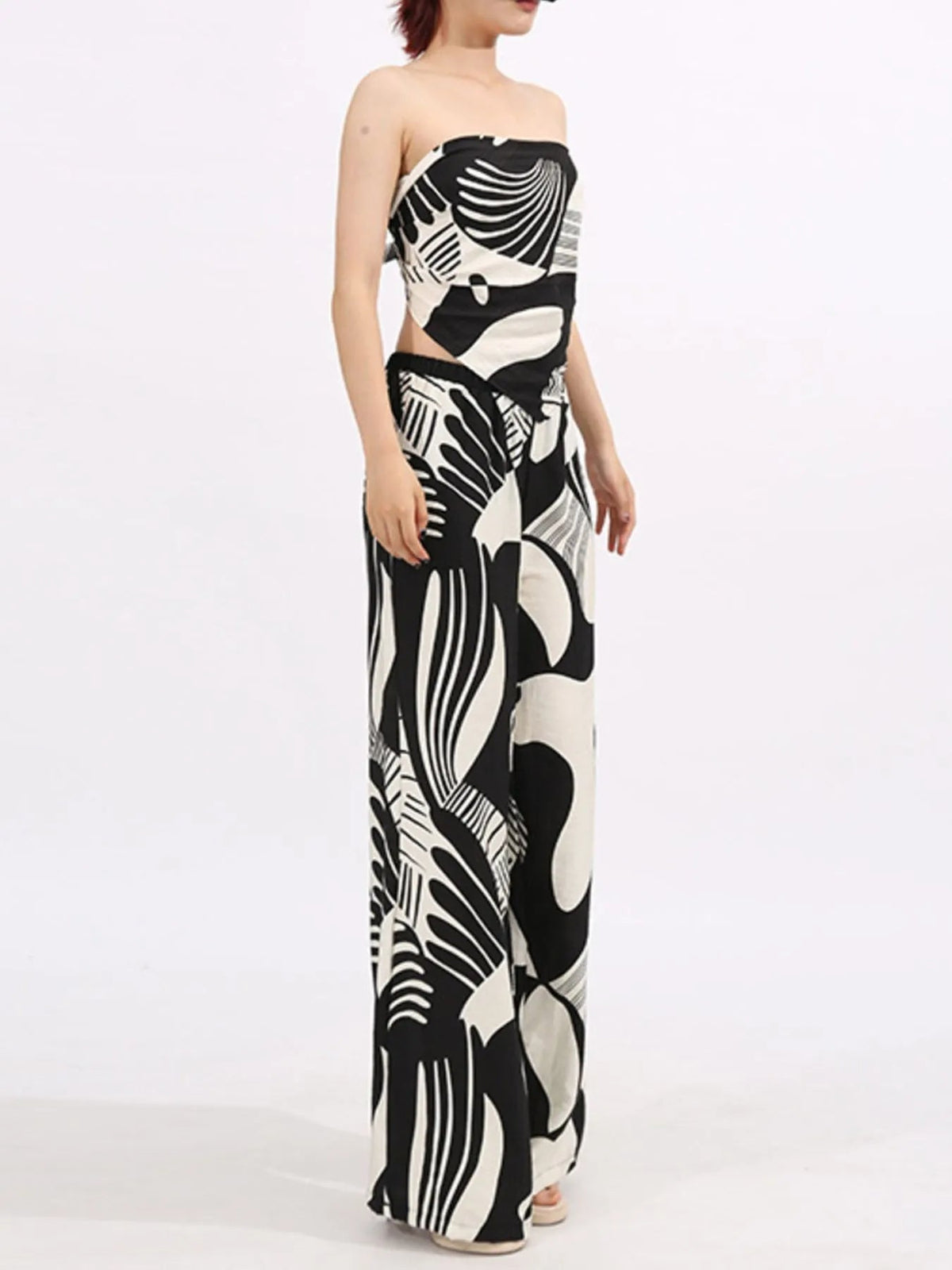 Abstract Print Tube Top and Wide Leg Pants Two-Piece Set - SuzRevera