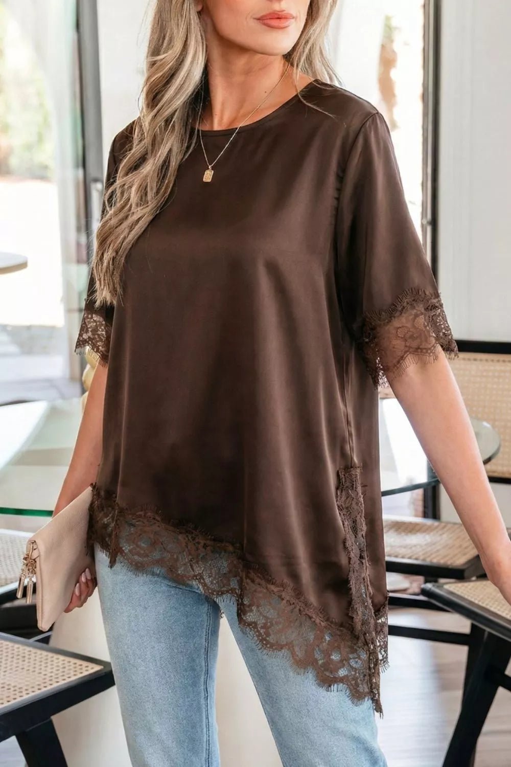 Asymmetric Lace Trim Short Sleeve Satin Top - SuzRevera