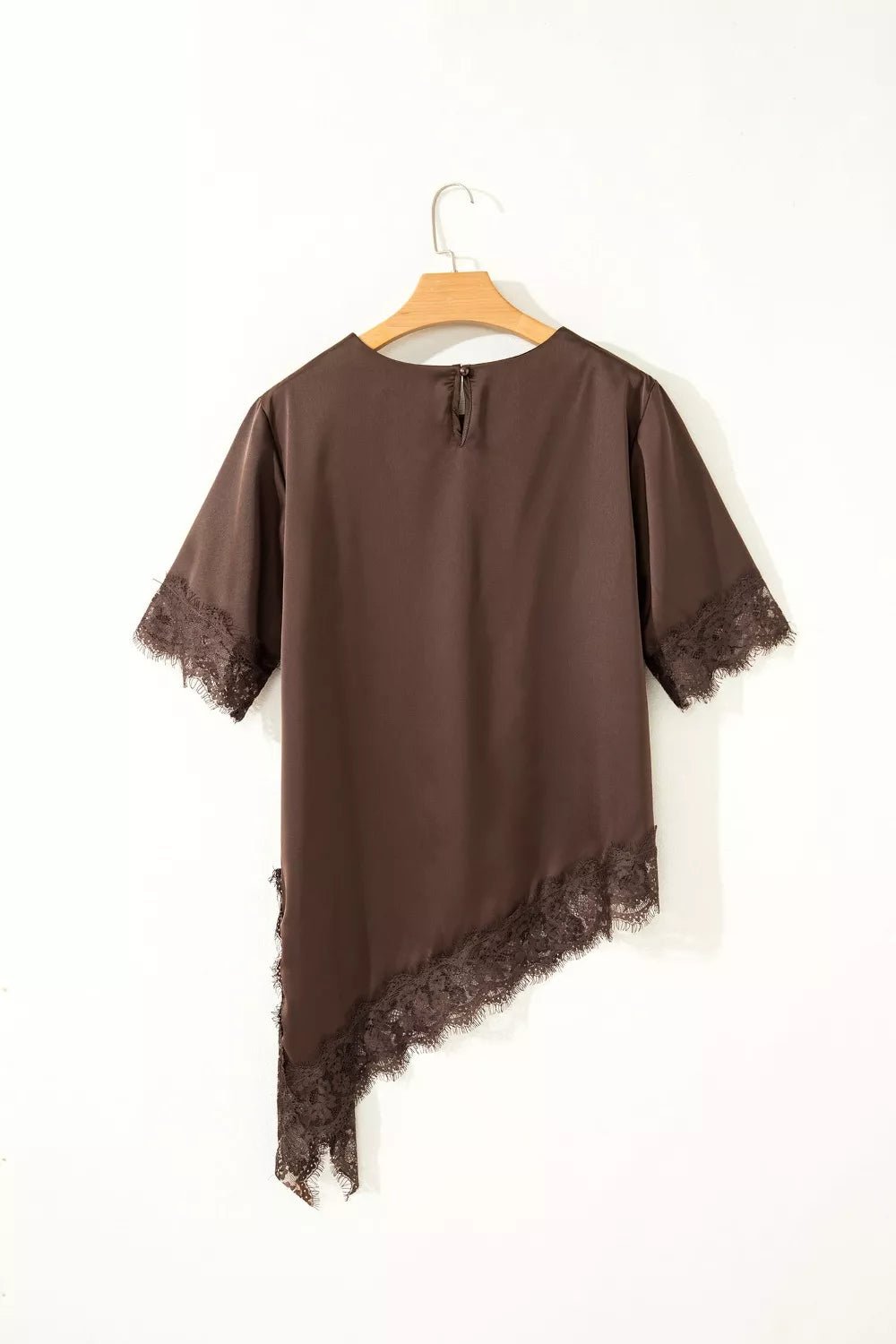 Asymmetric Lace Trim Short Sleeve Satin Top - SuzRevera