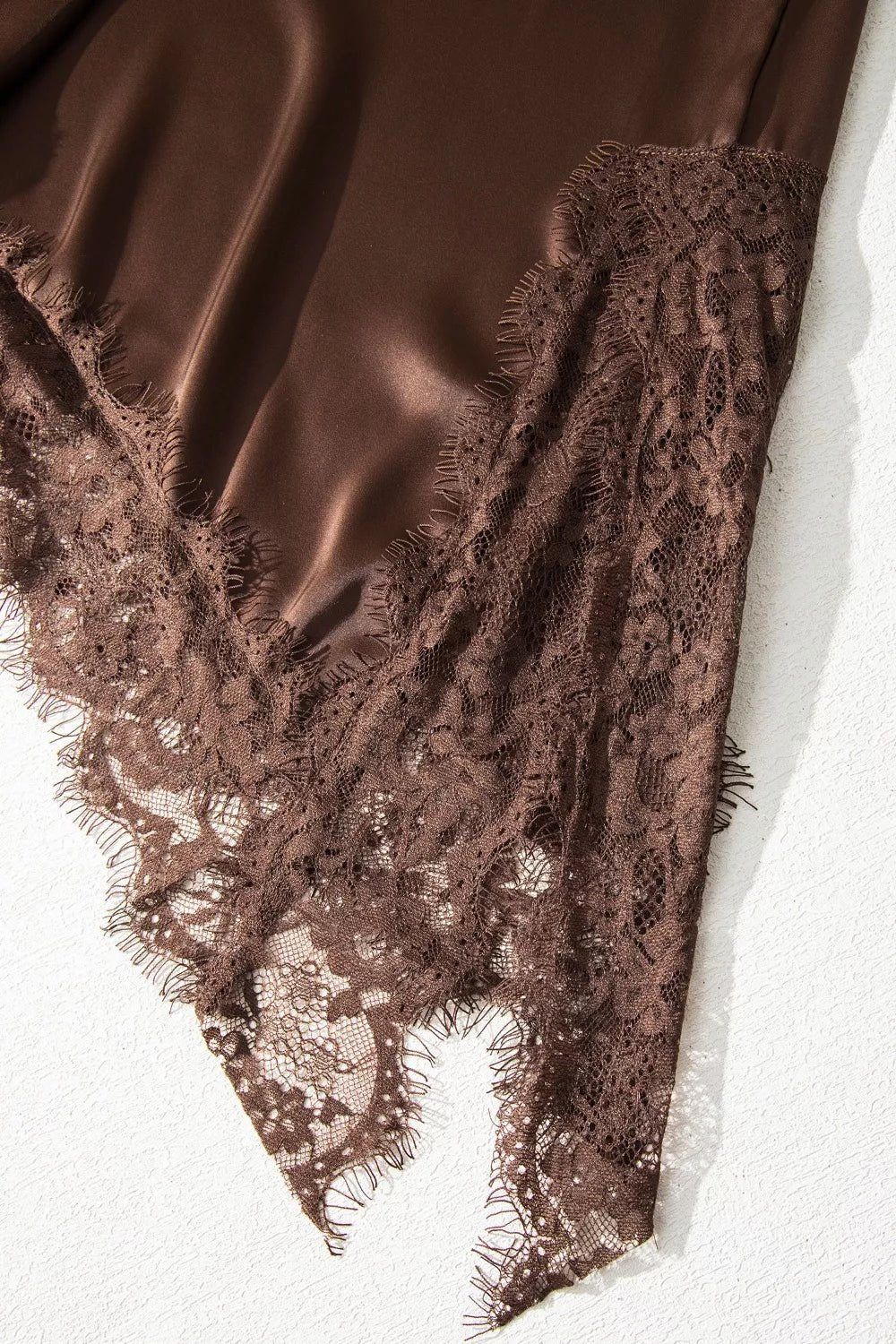 Asymmetric Lace Trim Short Sleeve Satin Top - SuzRevera