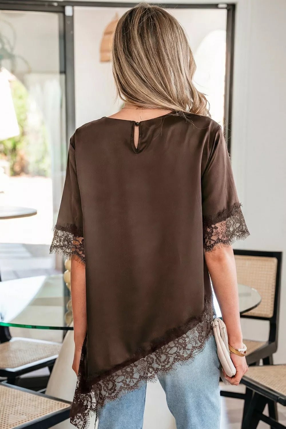 Asymmetric Lace Trim Short Sleeve Satin Top - SuzRevera