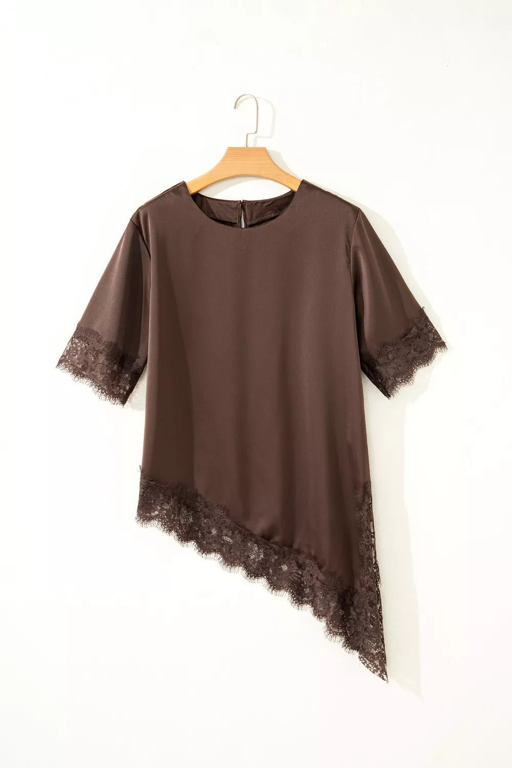 Asymmetric Lace Trim Short Sleeve Satin Top - SuzRevera