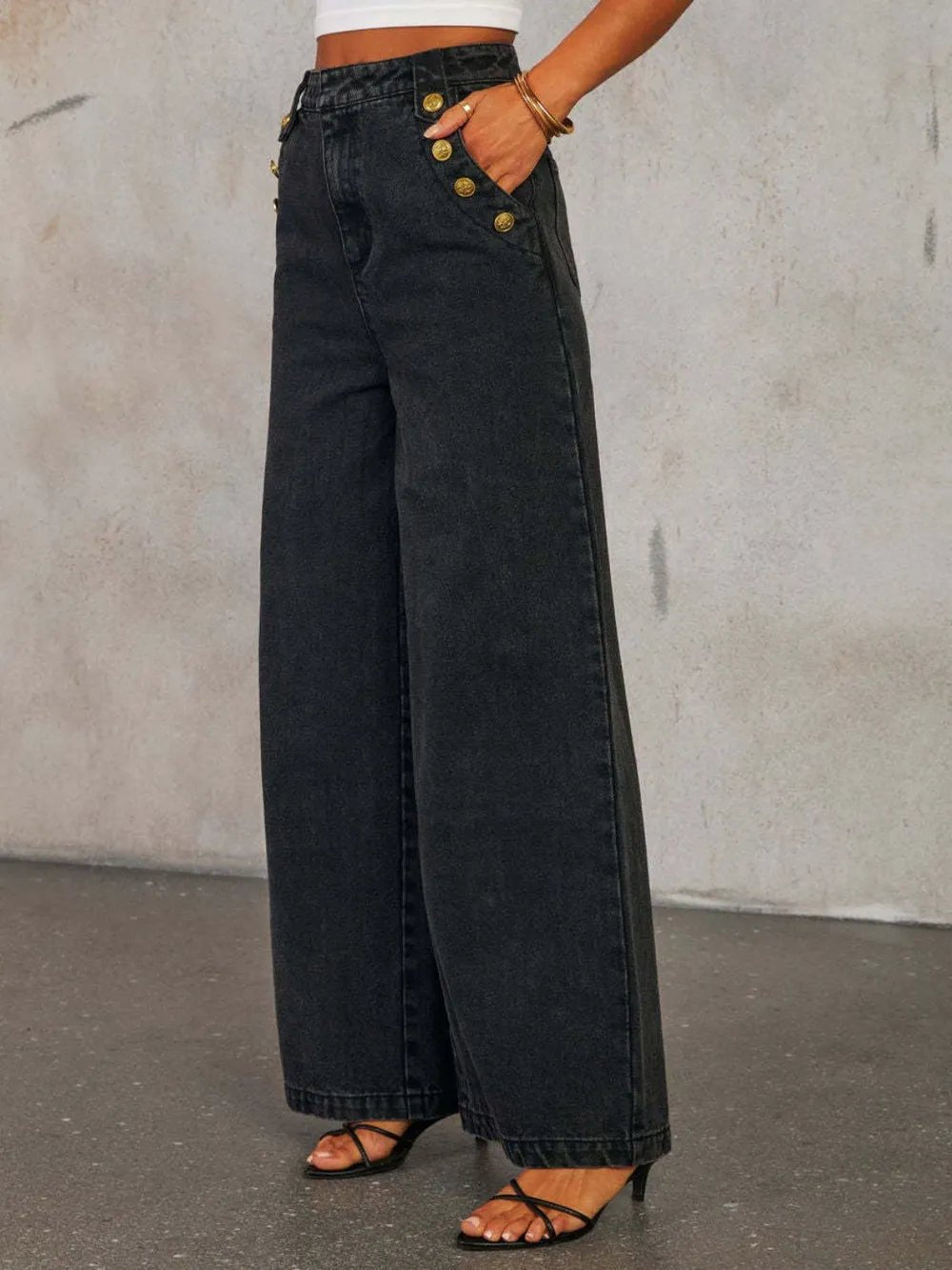 Button Decor High Rise Wide Leg Jeans - SuzRevera