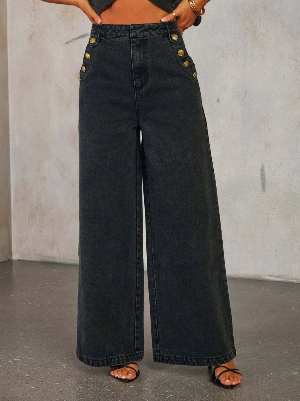 Button Decor High Rise Wide Leg Jeans - SuzRevera