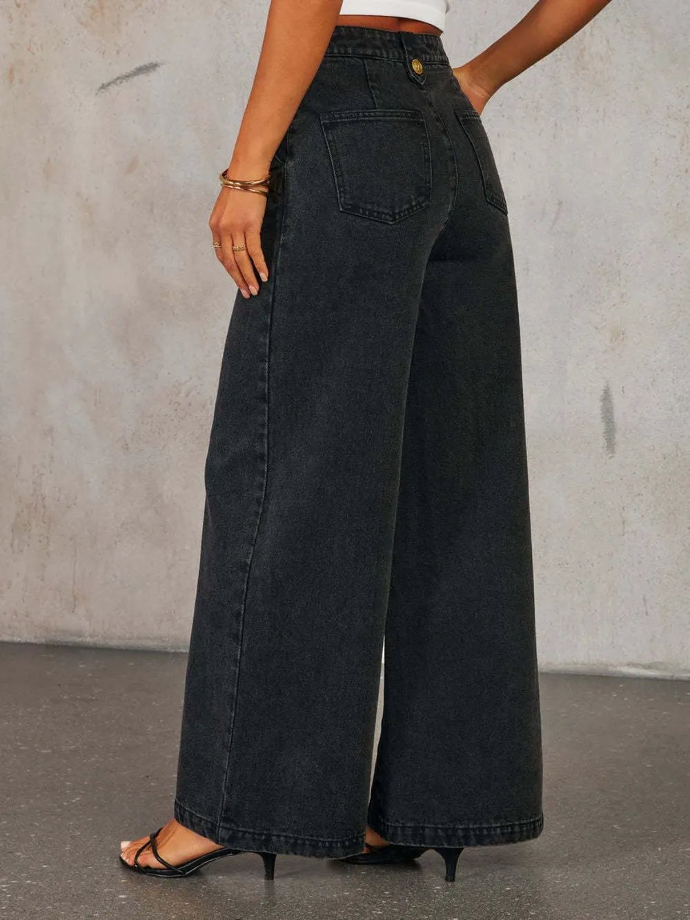 Button Decor High Rise Wide Leg Jeans - SuzRevera