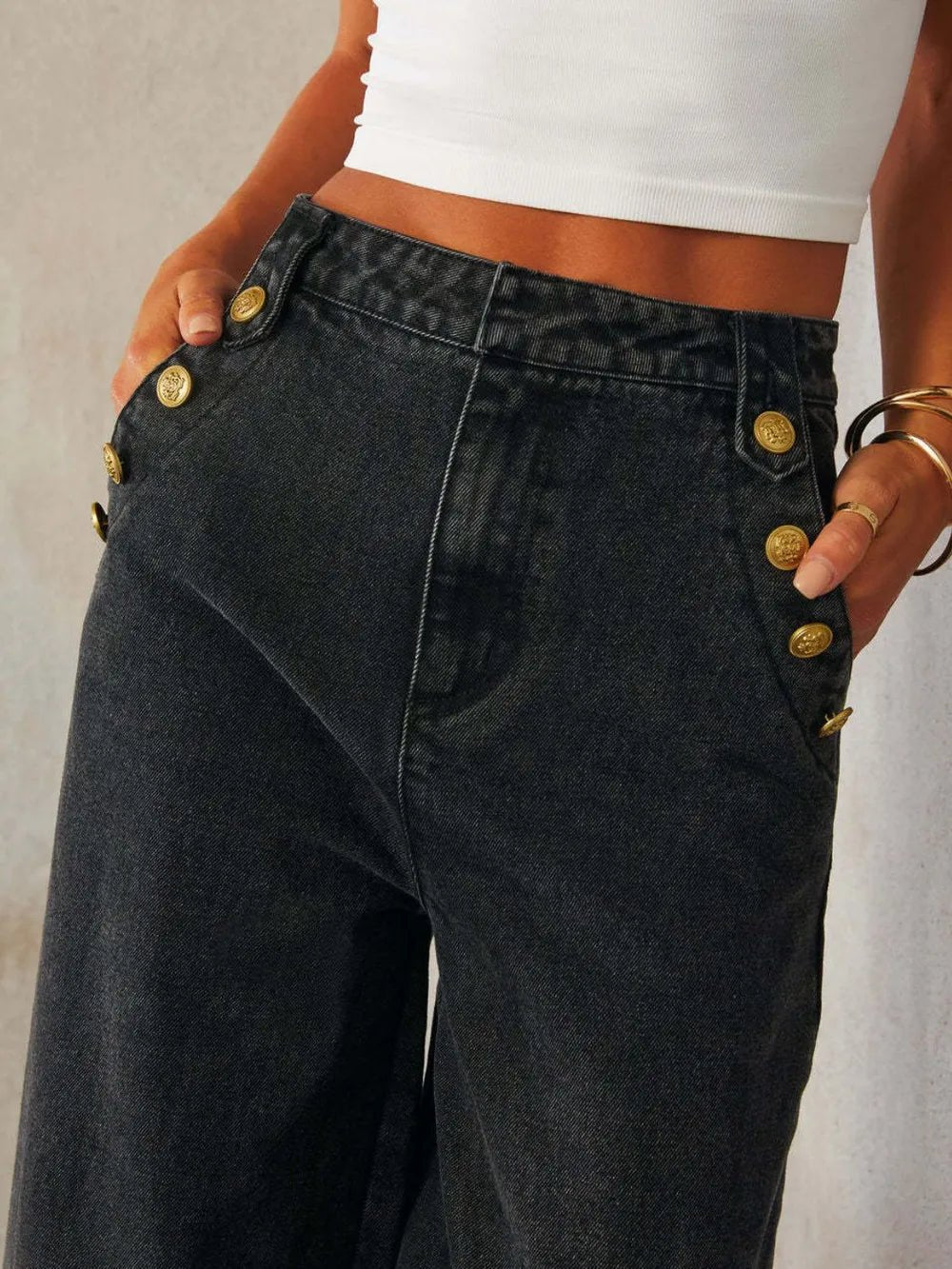 Button Decor High Rise Wide Leg Jeans - SuzRevera