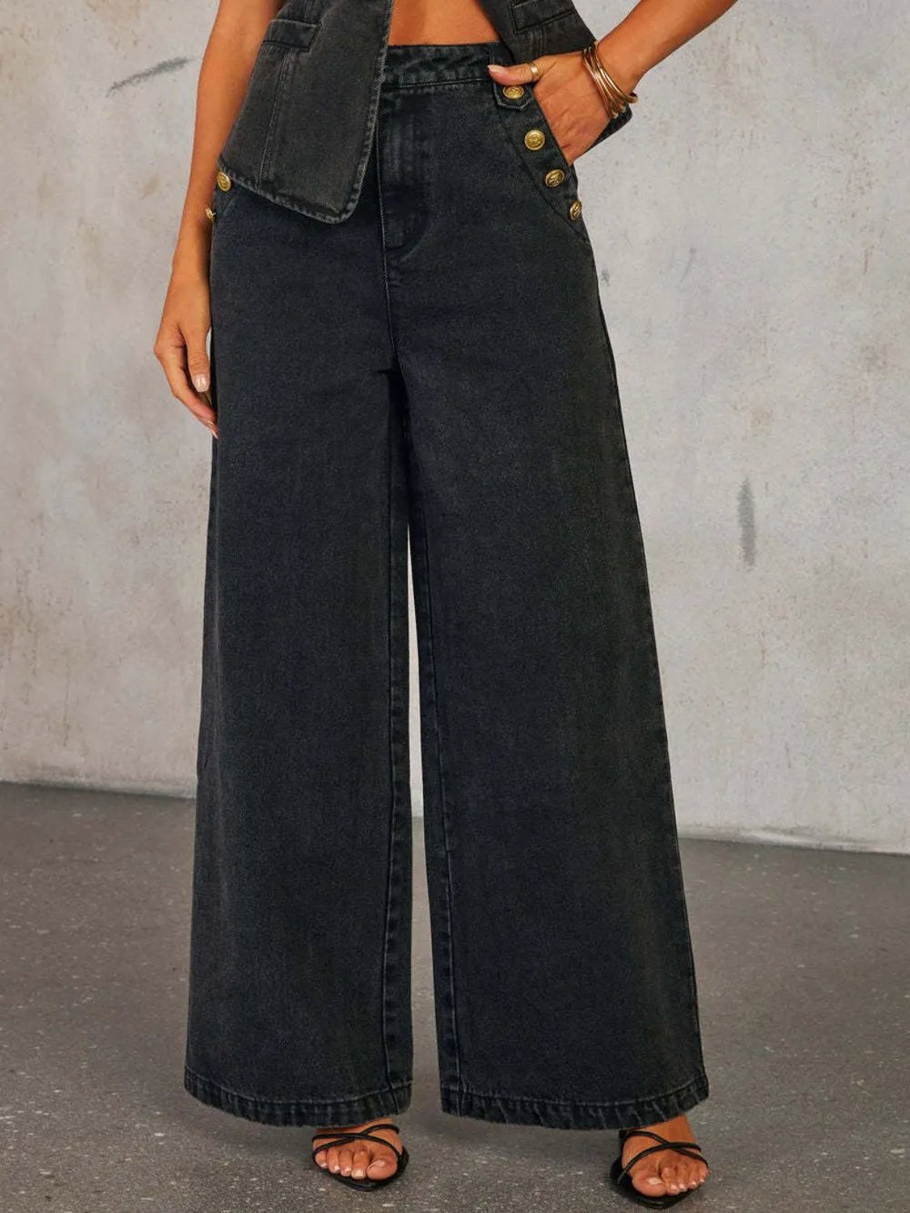 Button Decor High Rise Wide Leg Jeans - SuzRevera