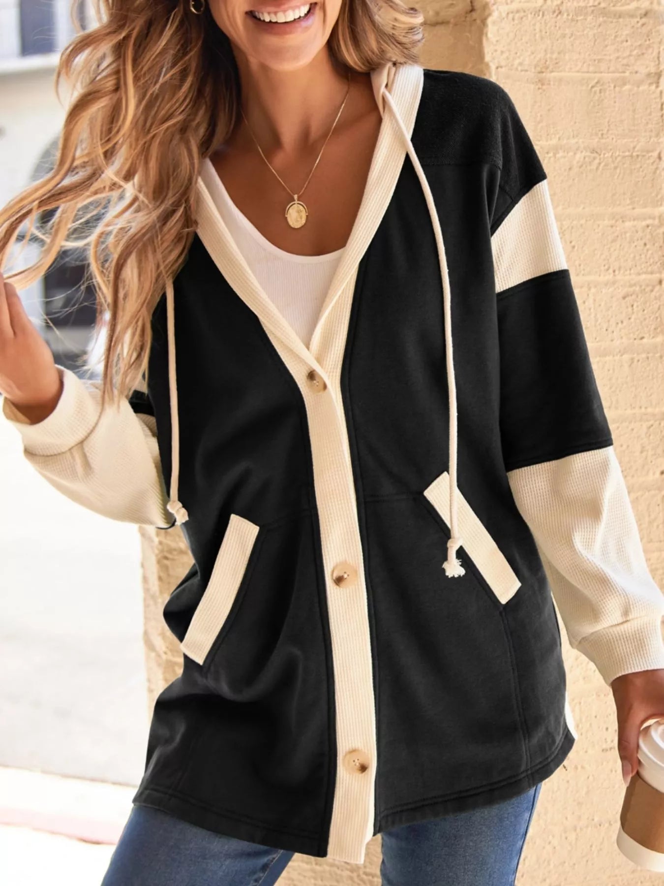 Button - Down Color Block Hoodie - SuzRevera