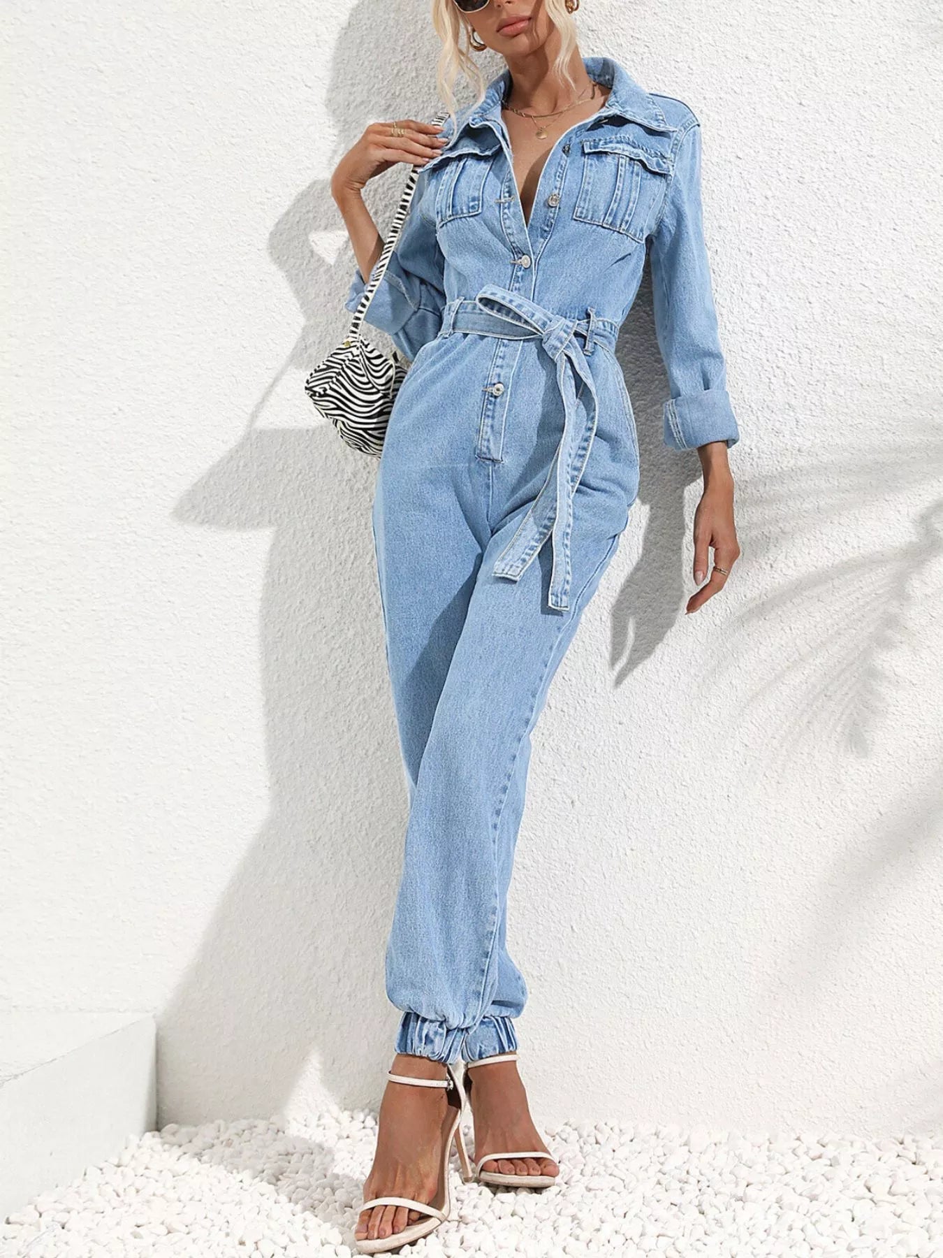 Button Front Belt Denim Jumpsuit - SuzRevera