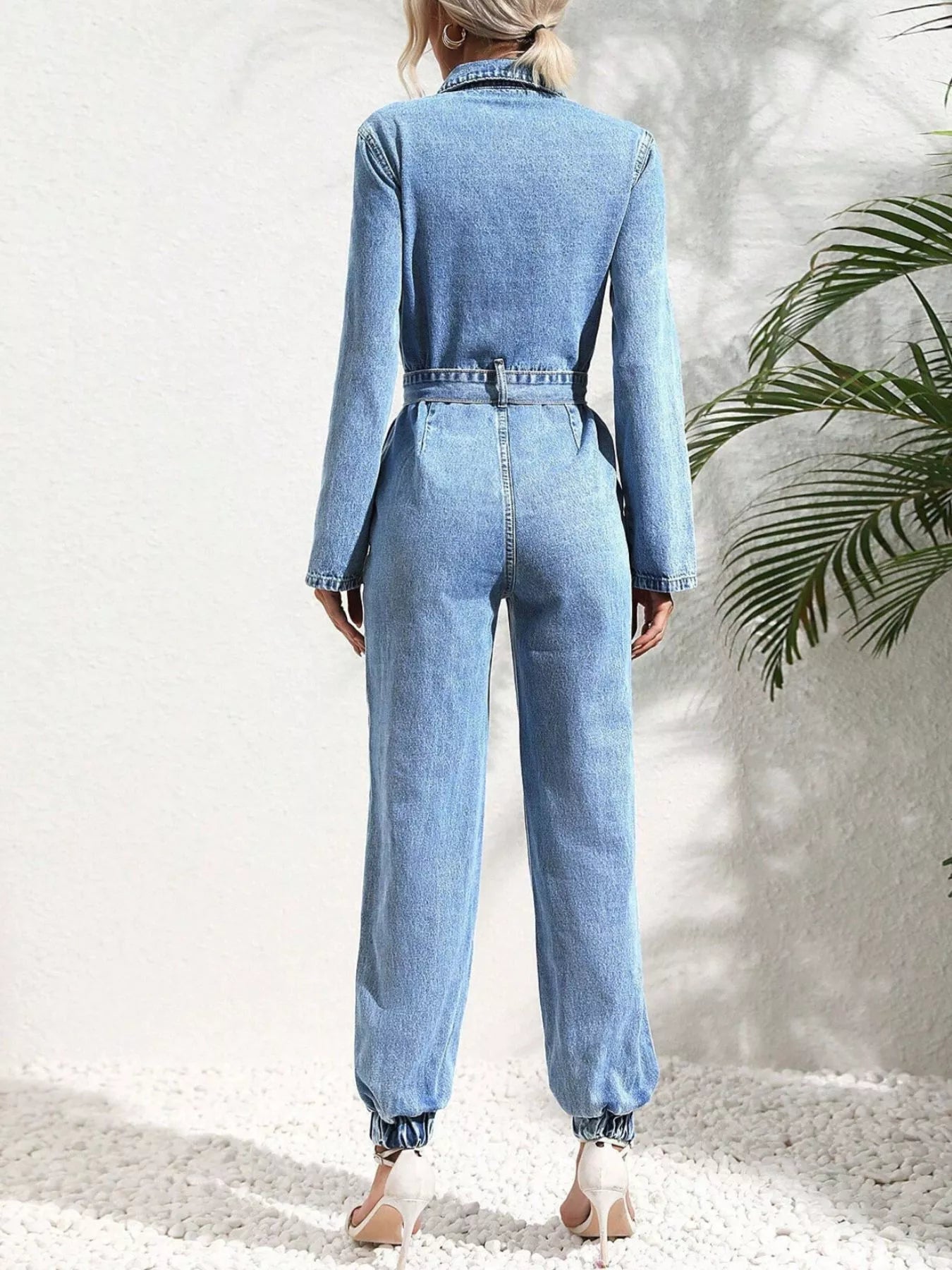 Button Front Belt Denim Jumpsuit - SuzRevera
