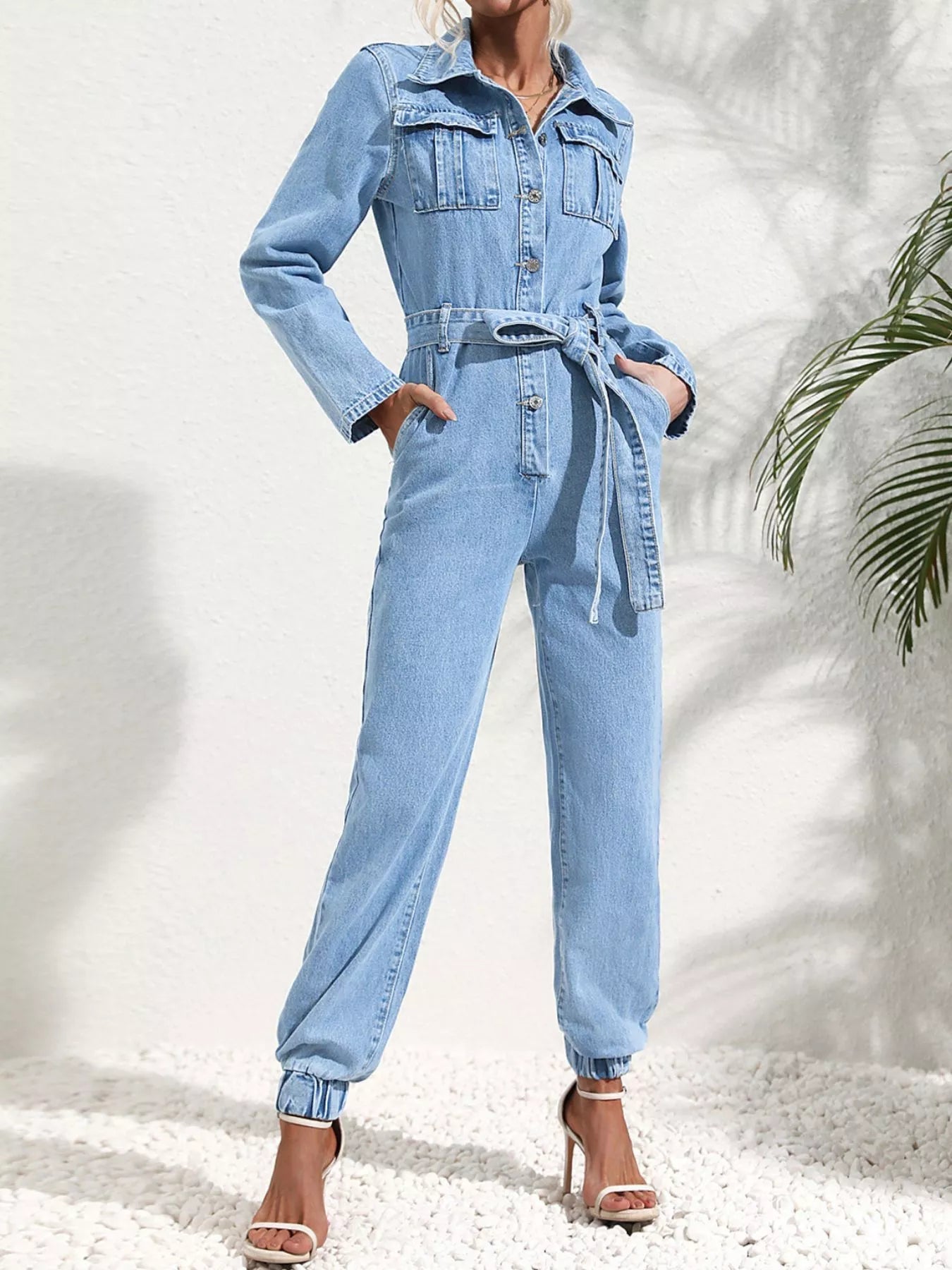 Button Front Belt Denim Jumpsuit - SuzRevera