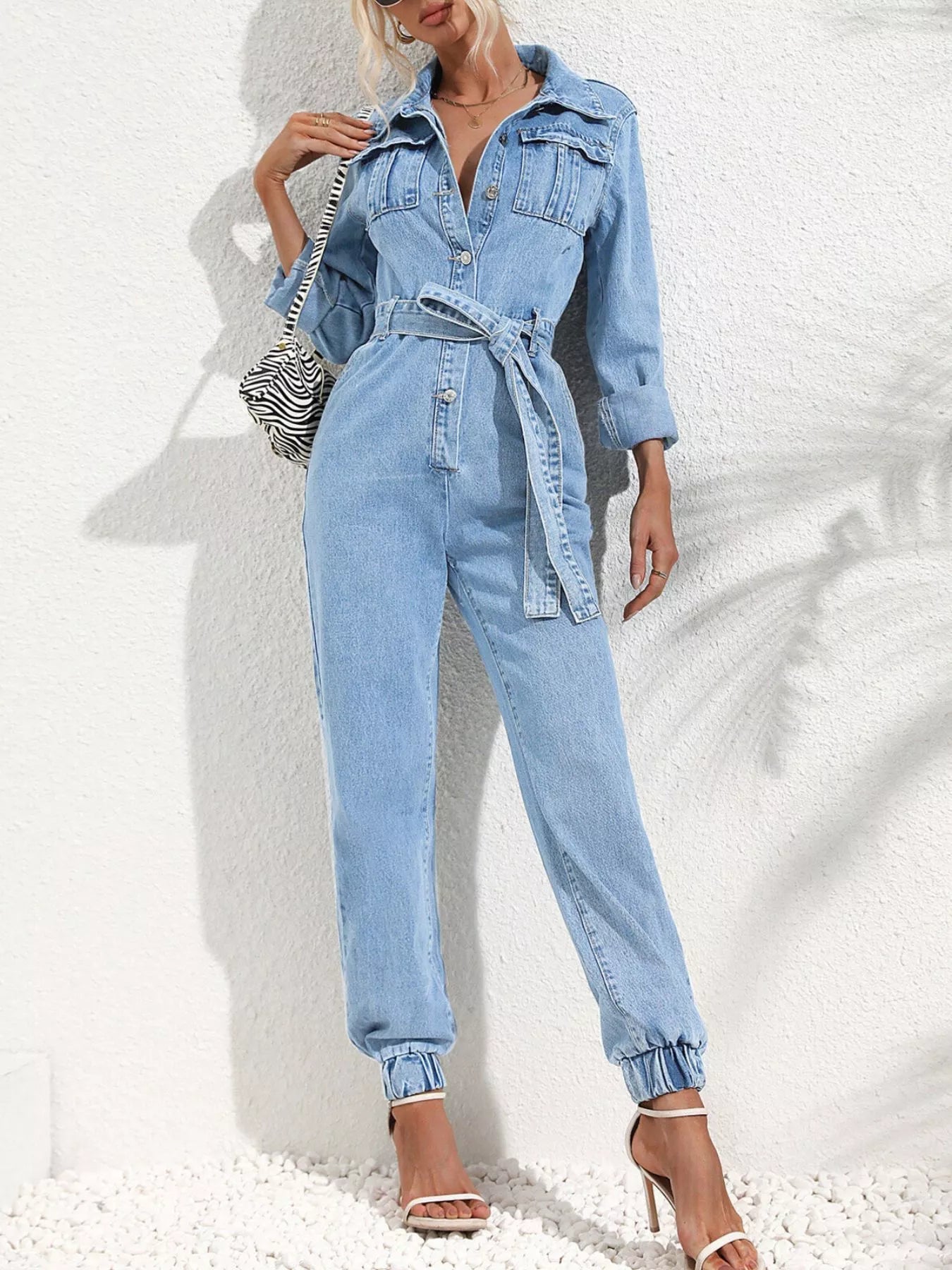 Button Front Belt Denim Jumpsuit - SuzRevera