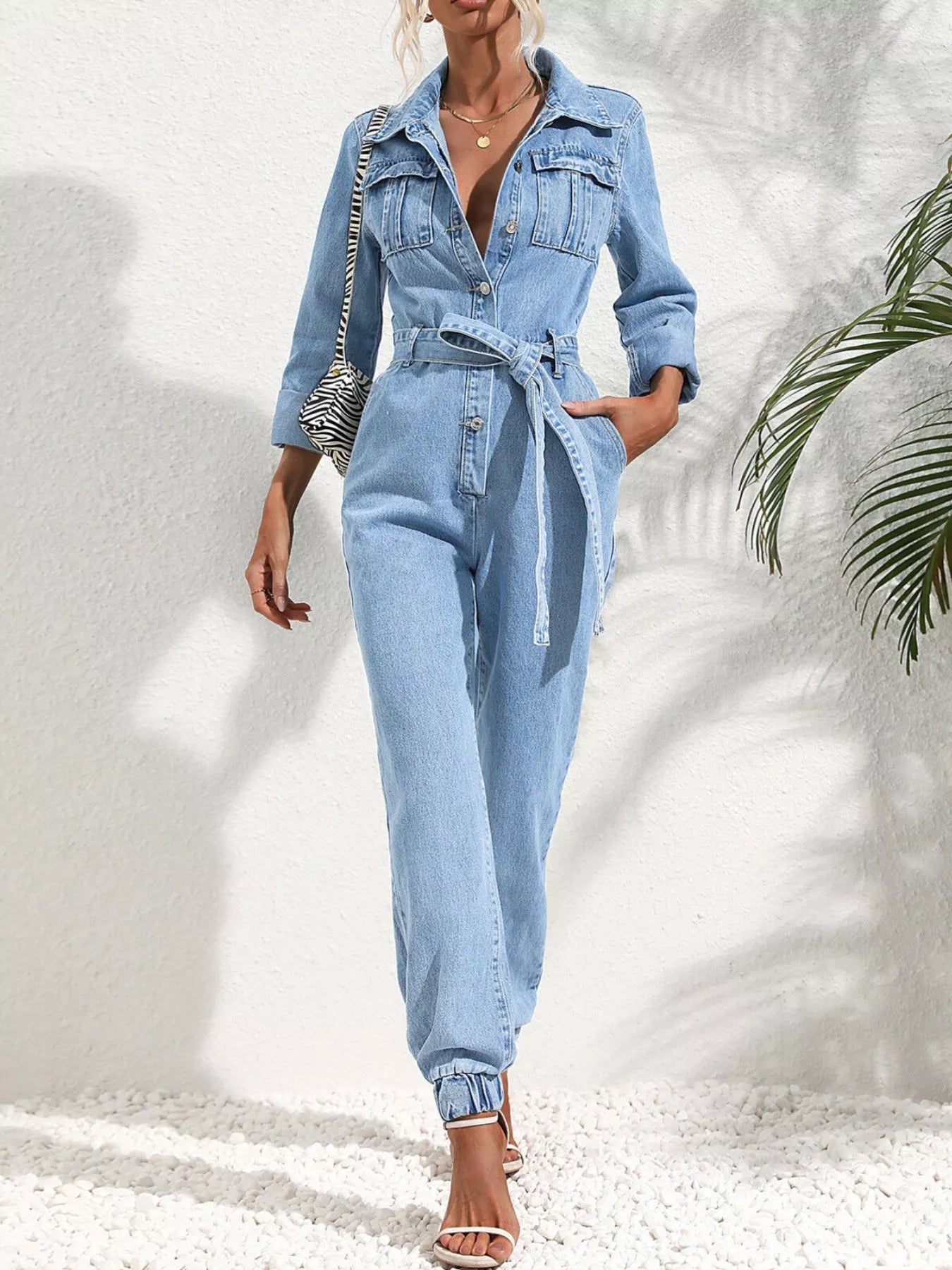 Button Front Belt Denim Jumpsuit - SuzRevera