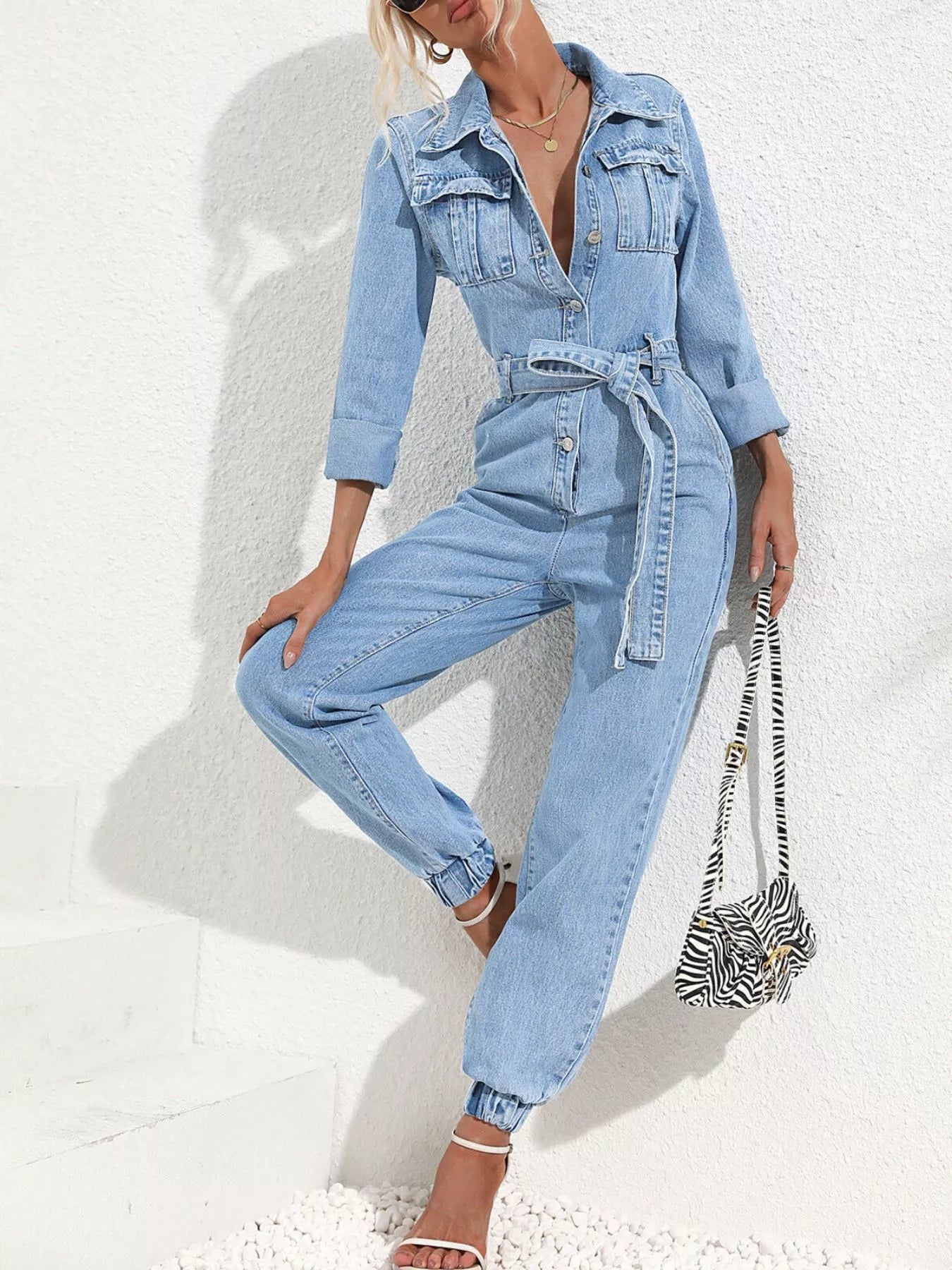 Button Front Belt Denim Jumpsuit - SuzRevera