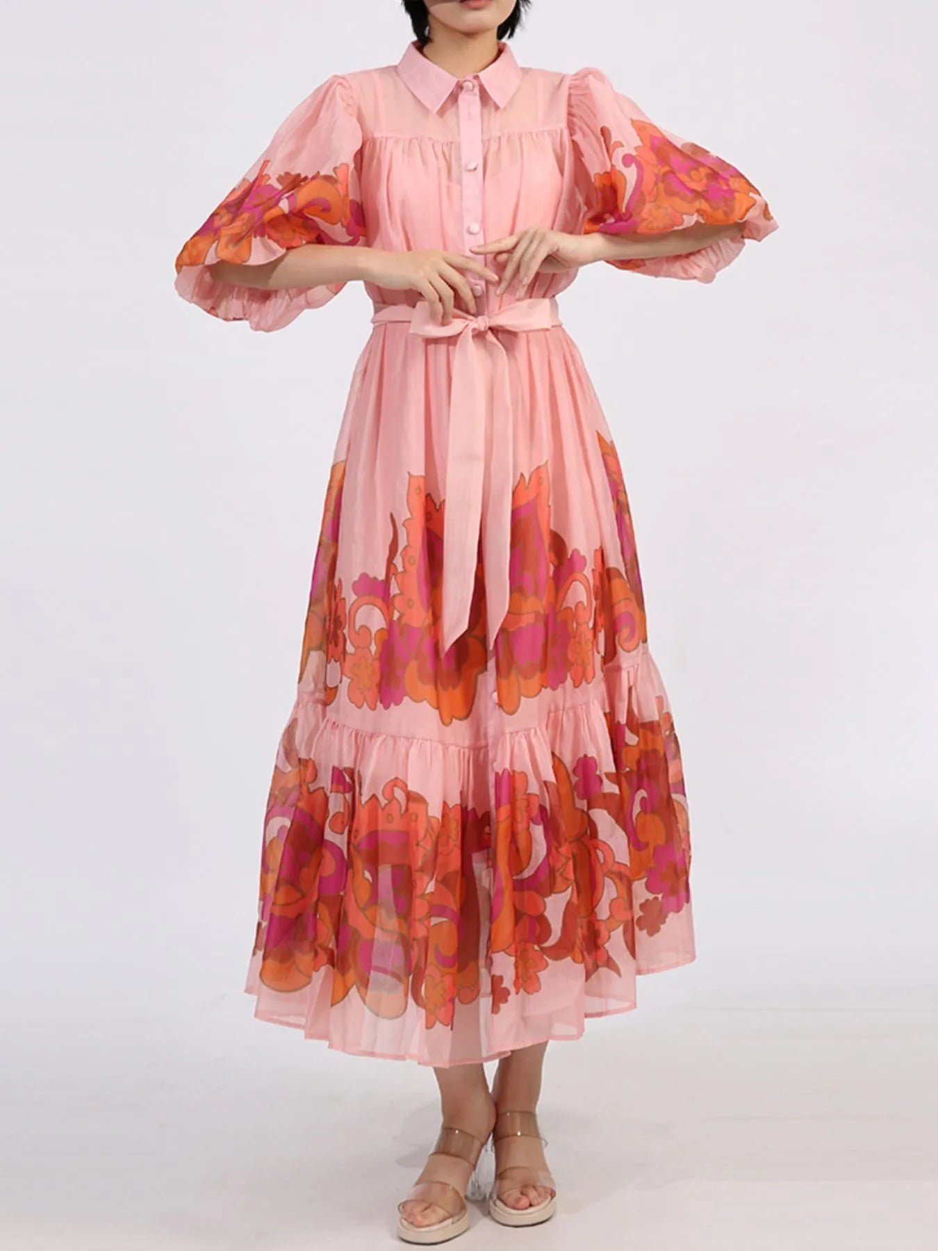 Button Front Puff Sleeve Dress - SuzRevera