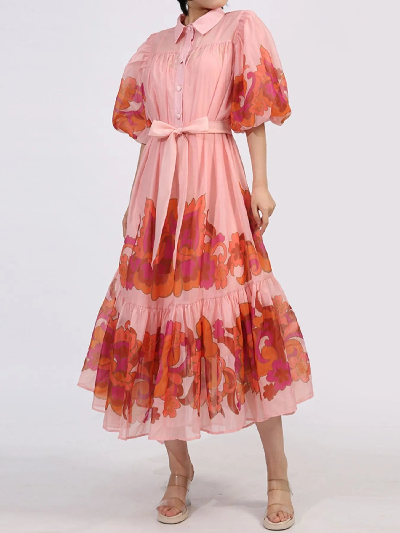 Button Front Puff Sleeve Dress - SuzRevera