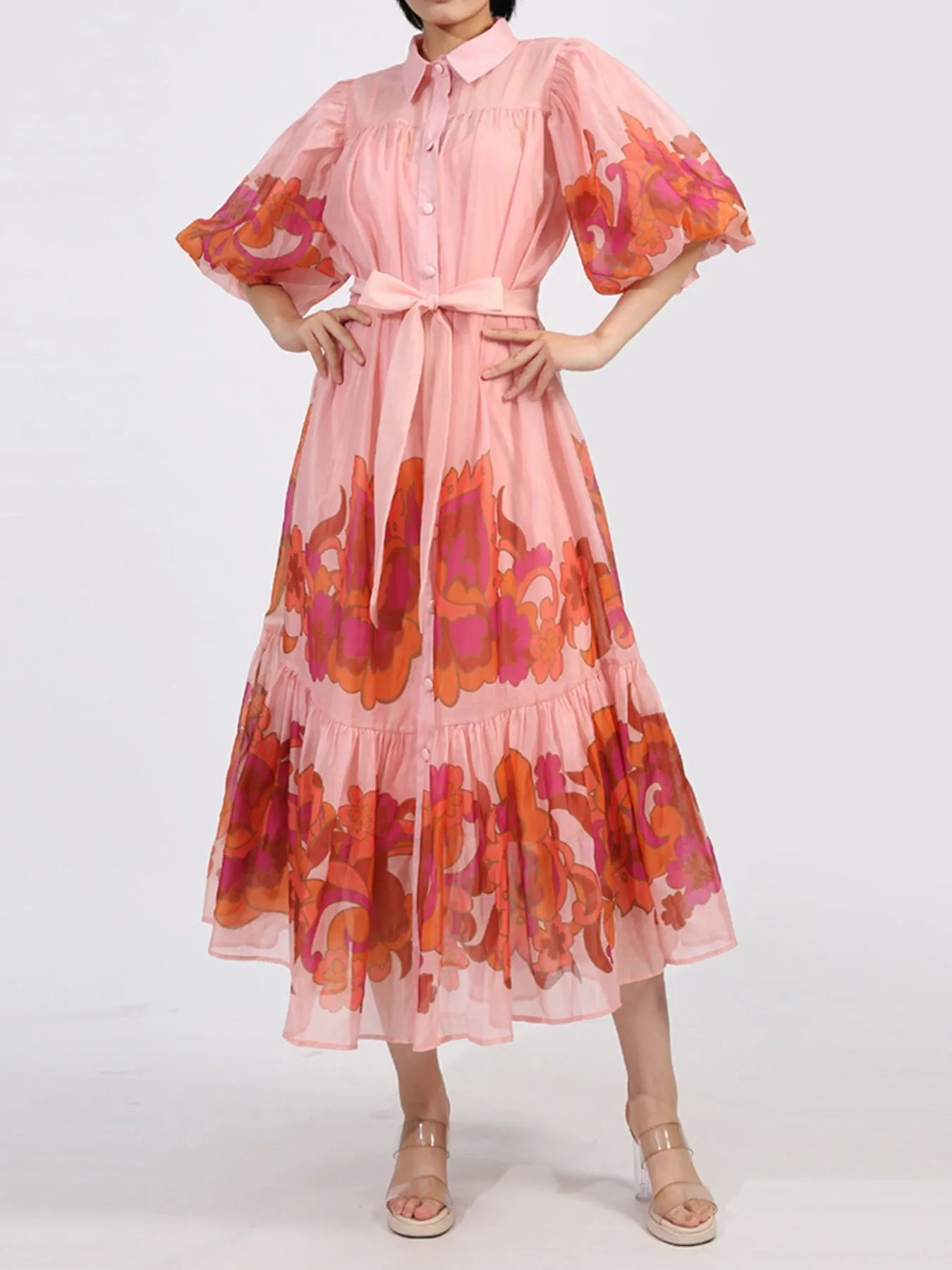 Button Front Puff Sleeve Dress - SuzRevera