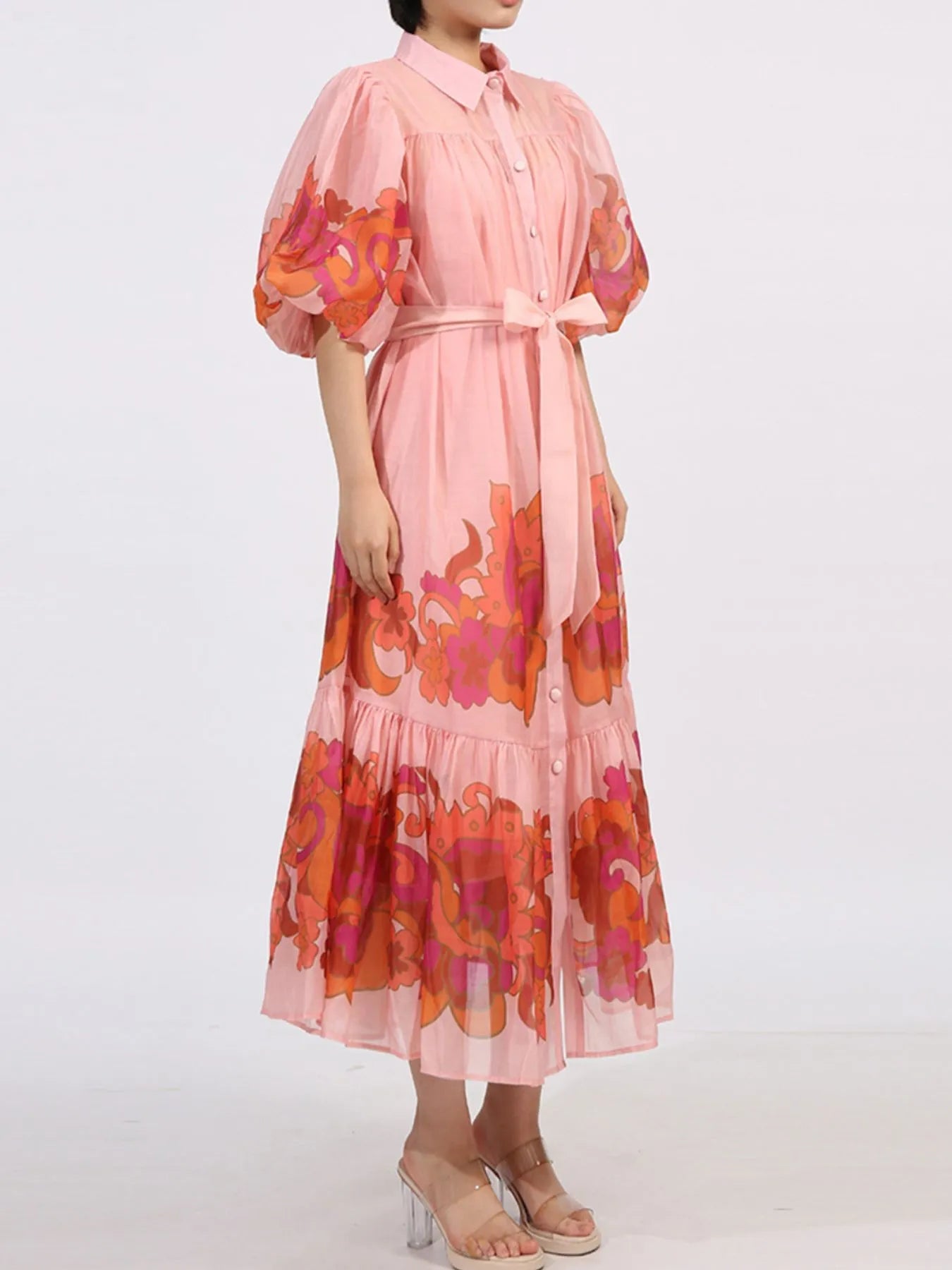 Button Front Puff Sleeve Dress - SuzRevera