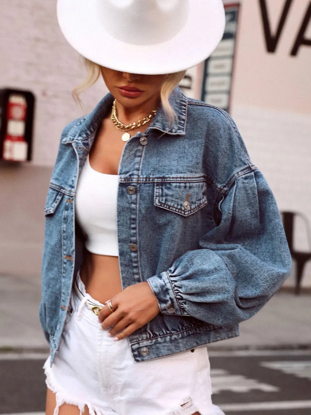 Collared Neck Dropped Shoulder Denim Top - SuzRevera