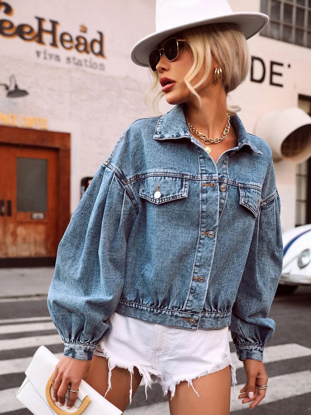 Collared Neck Dropped Shoulder Denim Top - SuzRevera