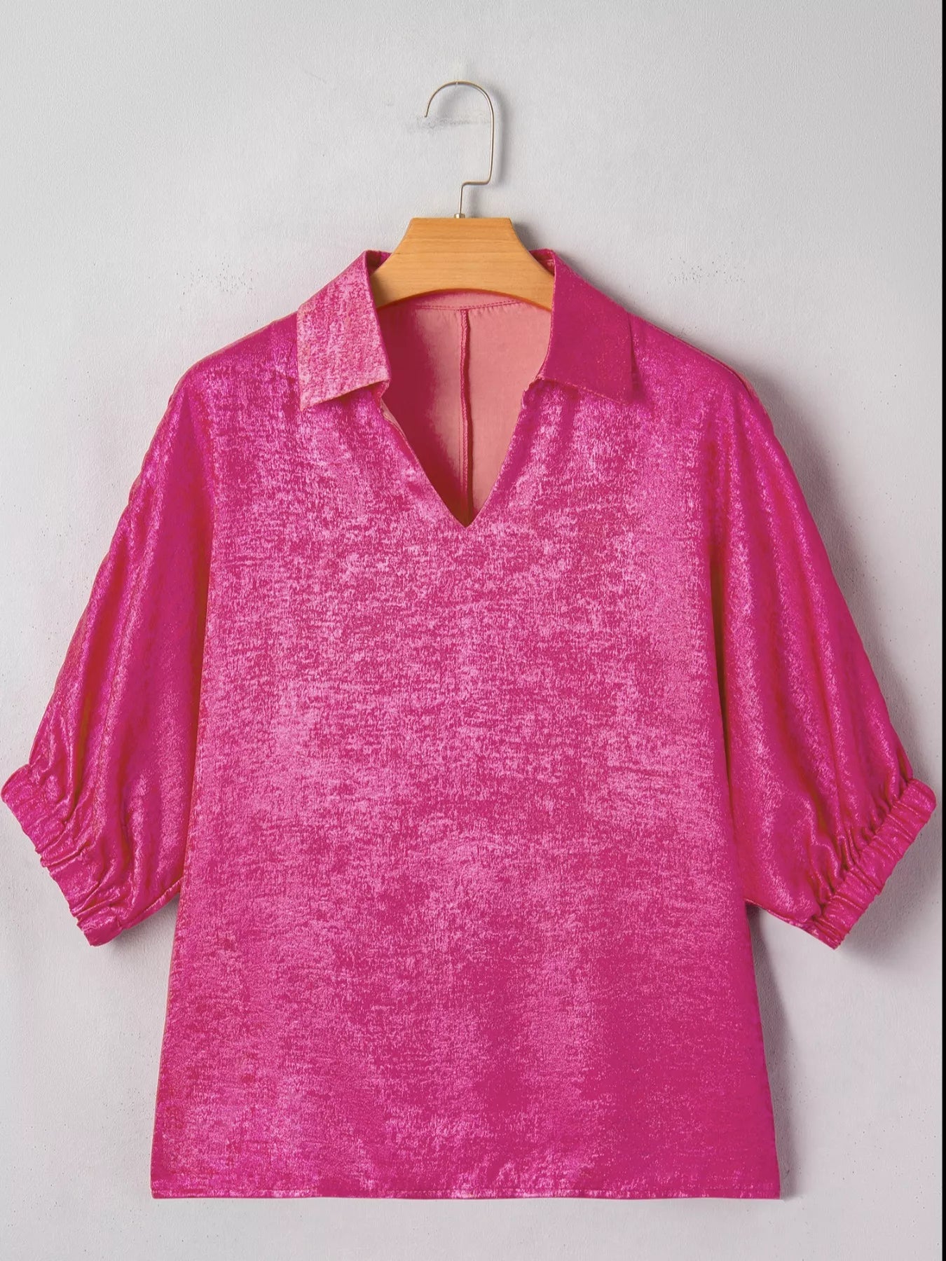 Collared V Neck Half Sleeve Metallic Top - SuzRevera
