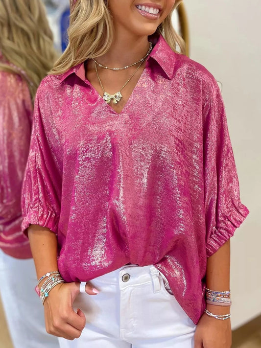 Collared V Neck Half Sleeve Metallic Top - SuzRevera