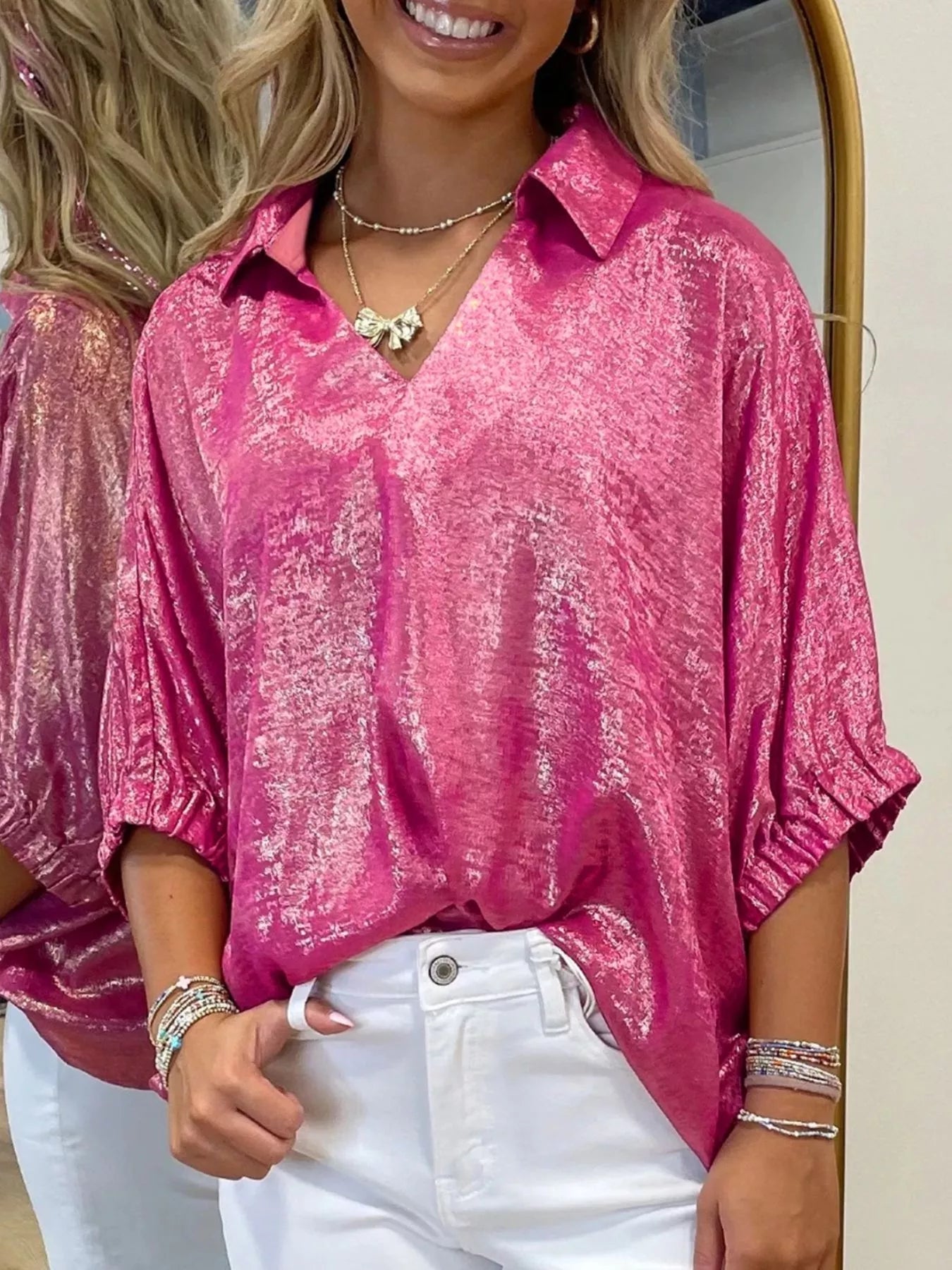 Collared V Neck Half Sleeve Metallic Top - SuzRevera
