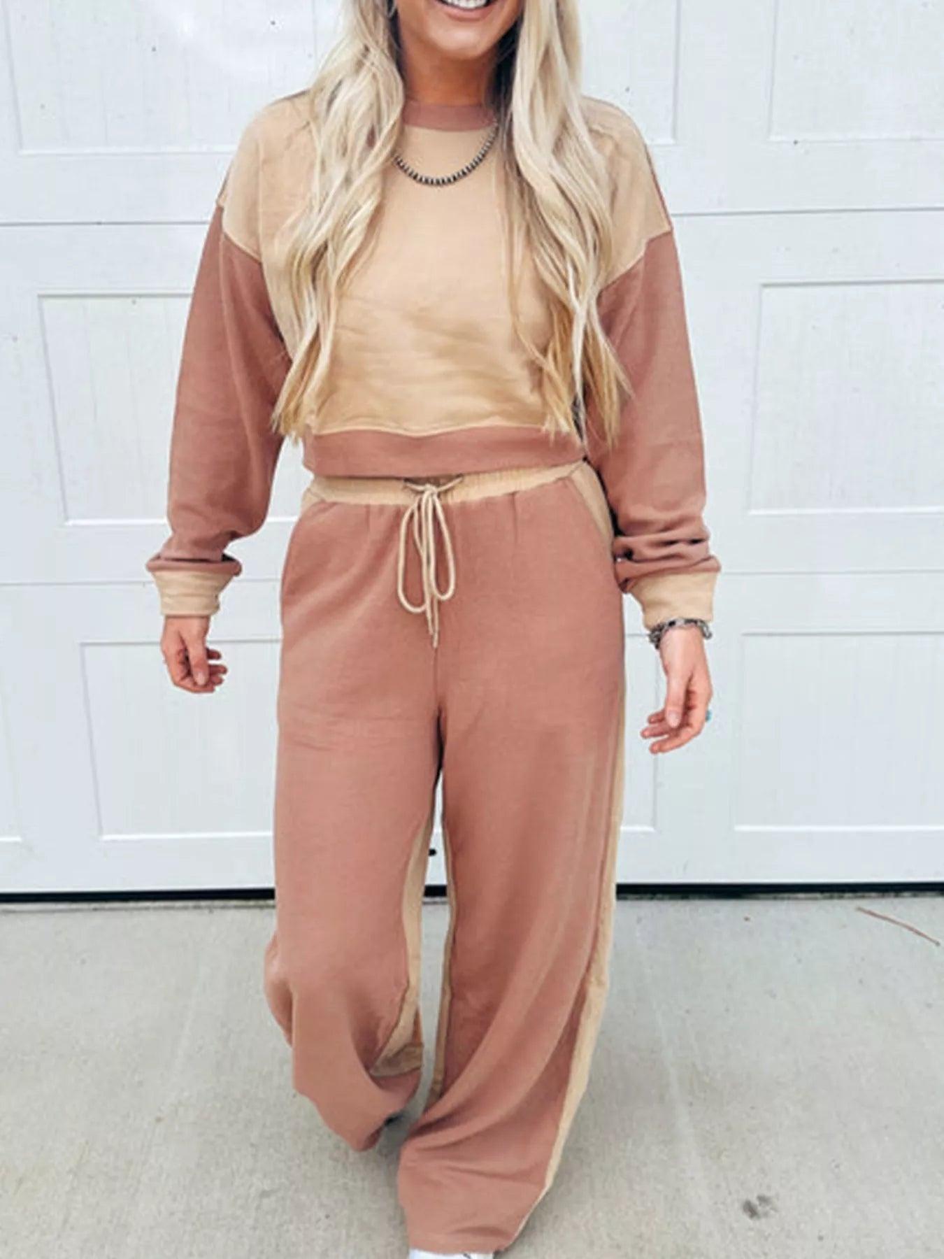 Color Block Long Sleeve Crop Top Drawstring Pant Set - SuzRevera