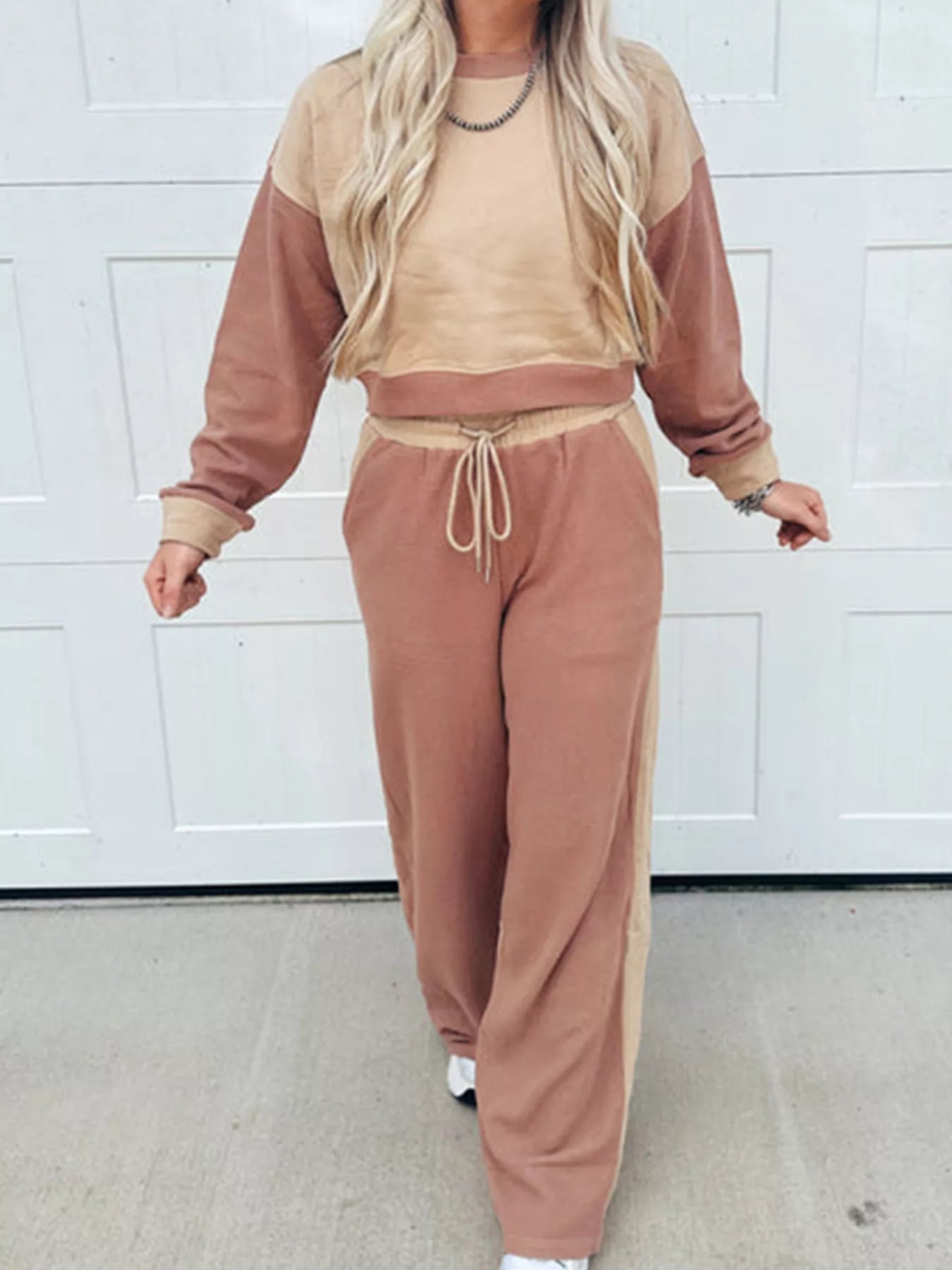 Color Block Long Sleeve Crop Top Drawstring Pant Set - SuzRevera