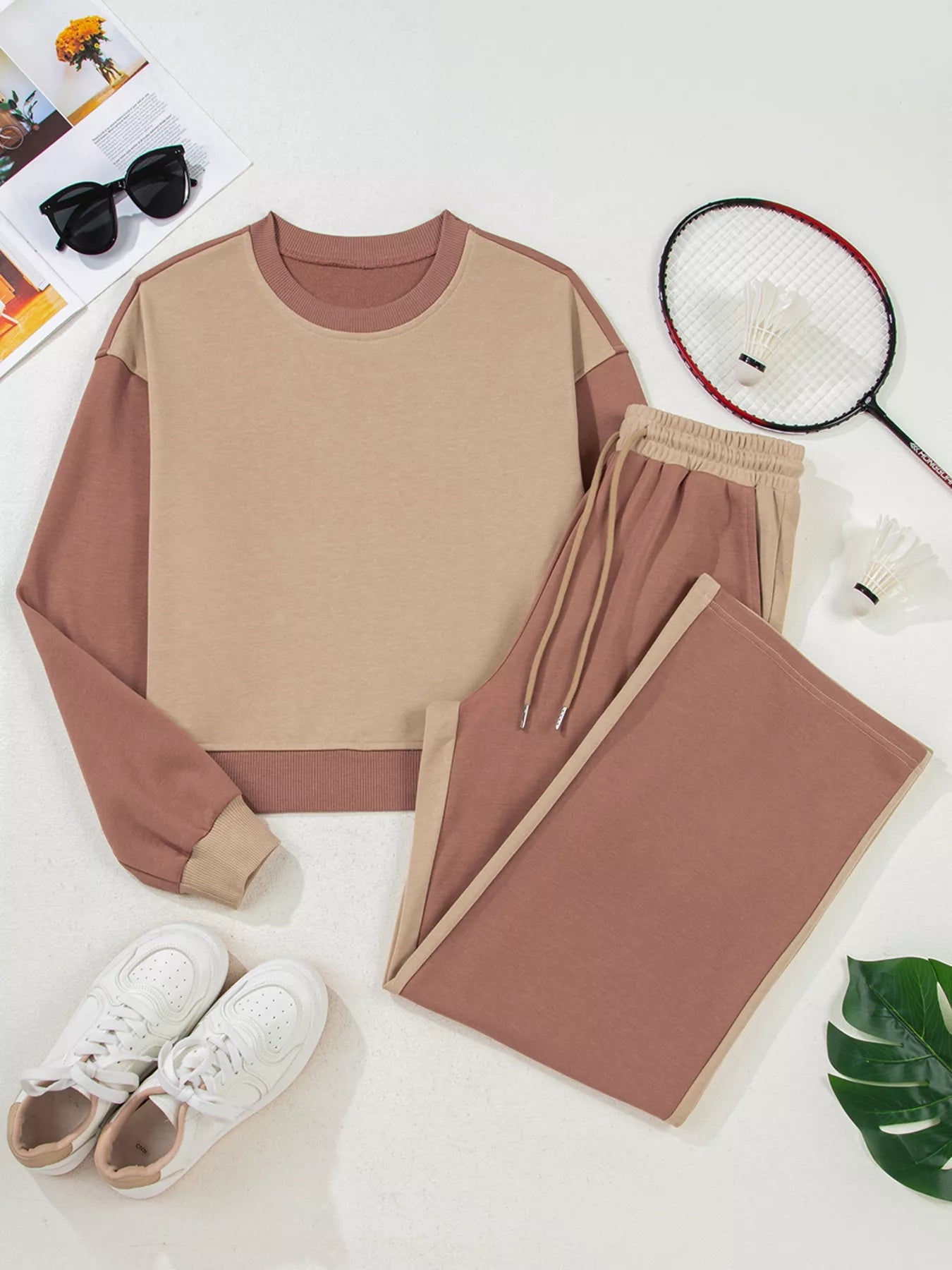 Color Block Long Sleeve Crop Top Drawstring Pant Set - SuzRevera
