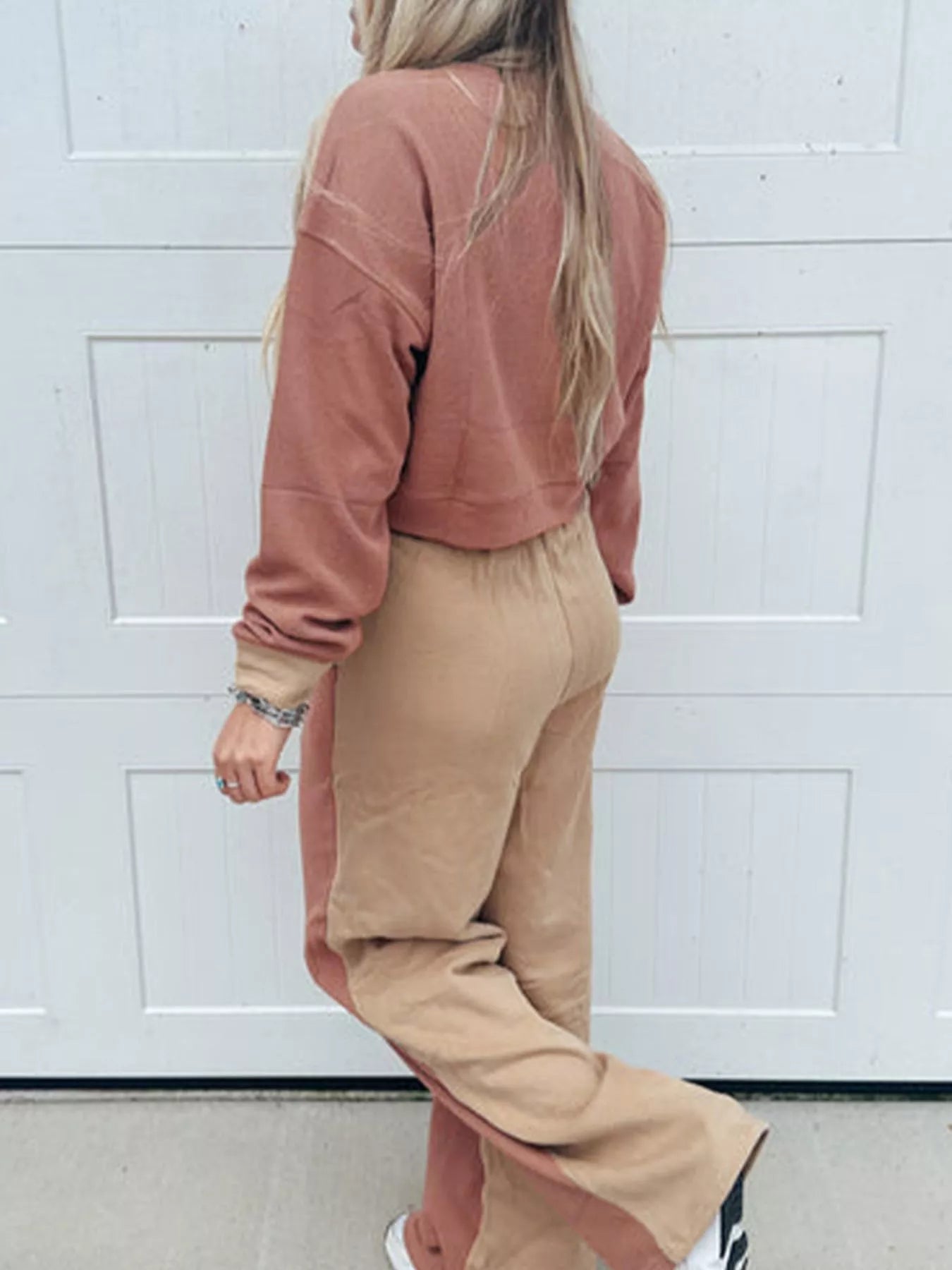 Color Block Long Sleeve Crop Top Drawstring Pant Set - SuzRevera