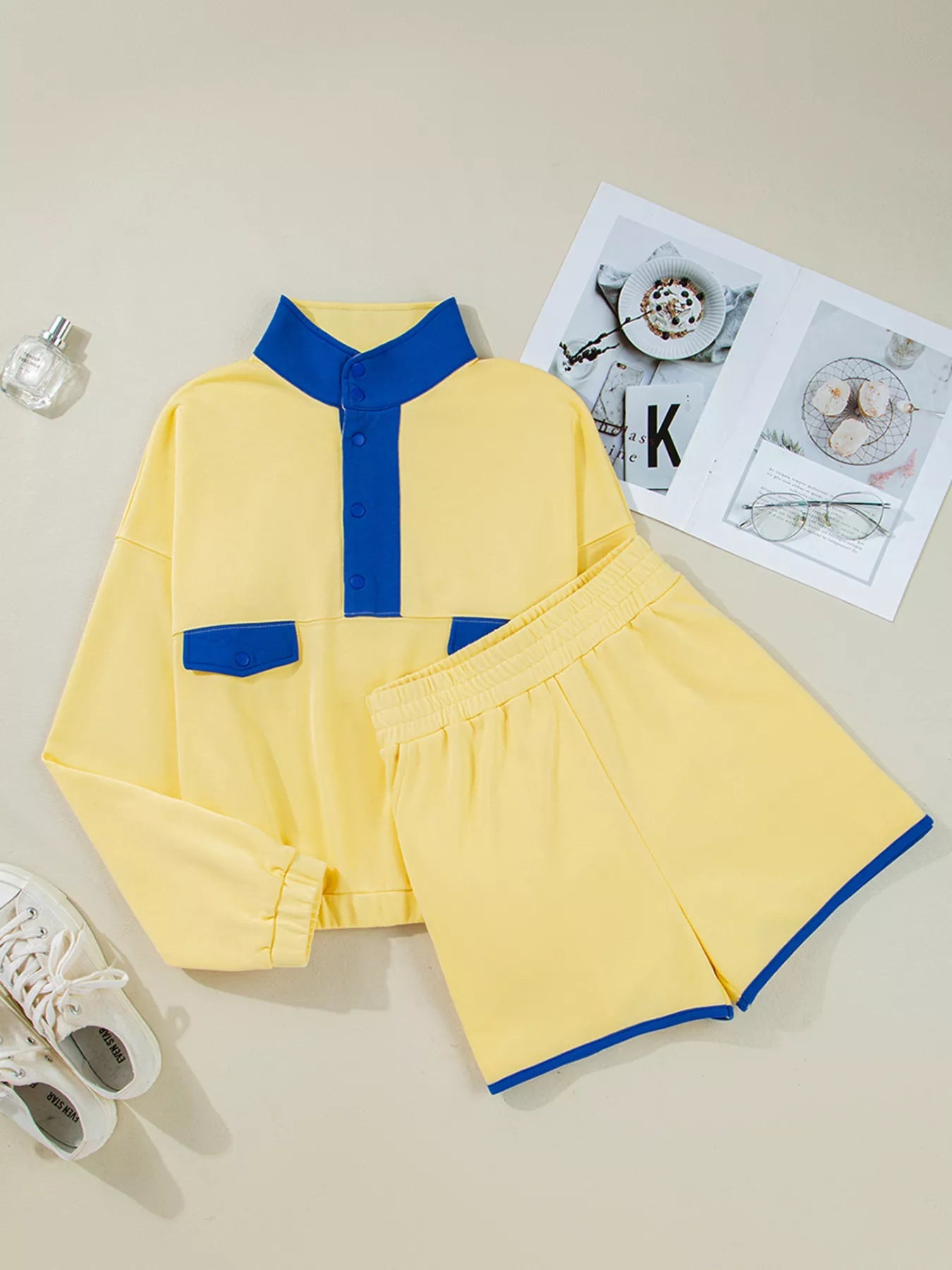 Color Block Patchwork Half Button Top and Shorts 2pcs Set - SuzRevera