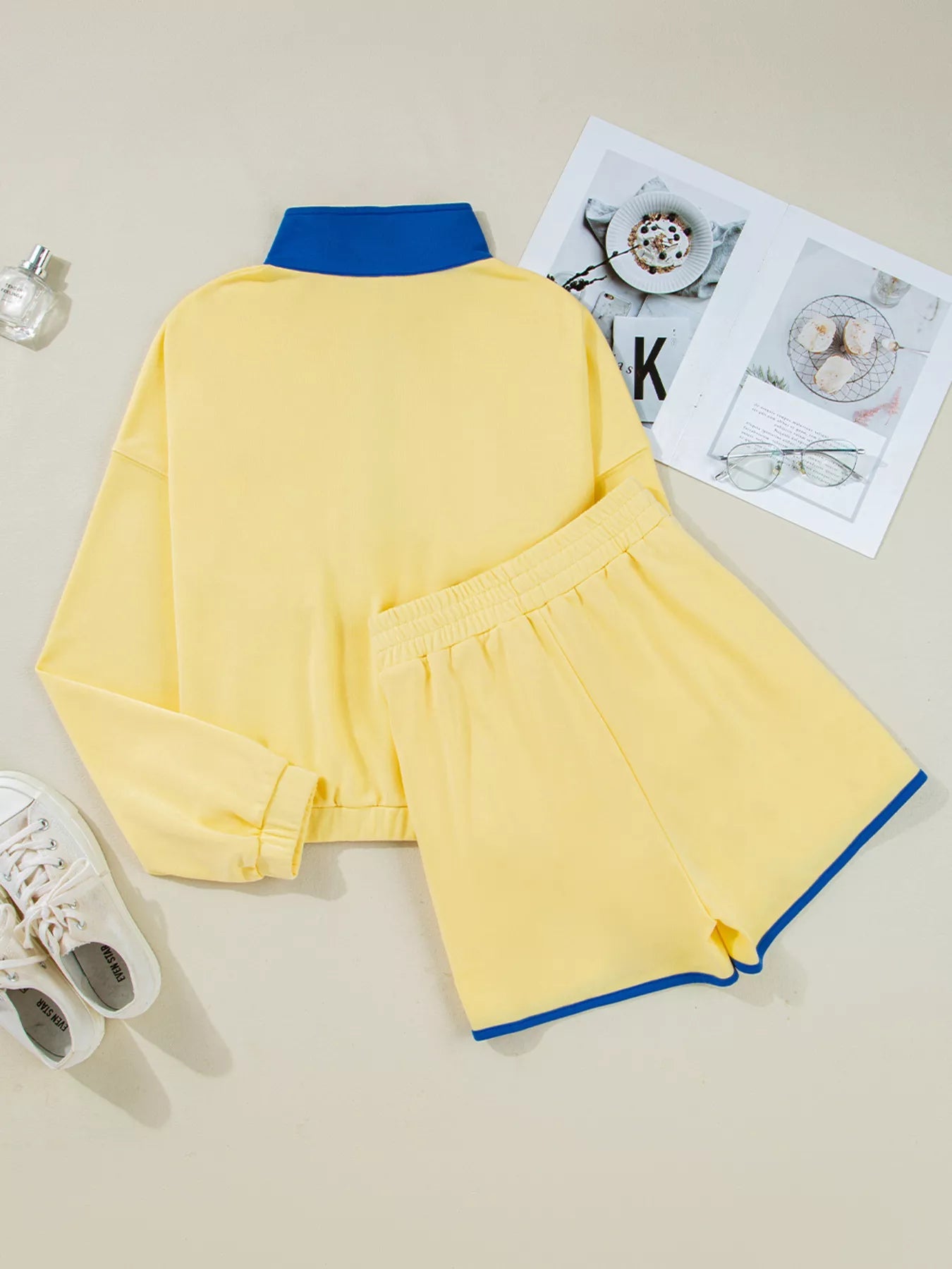 Color Block Patchwork Half Button Top and Shorts 2pcs Set - SuzRevera