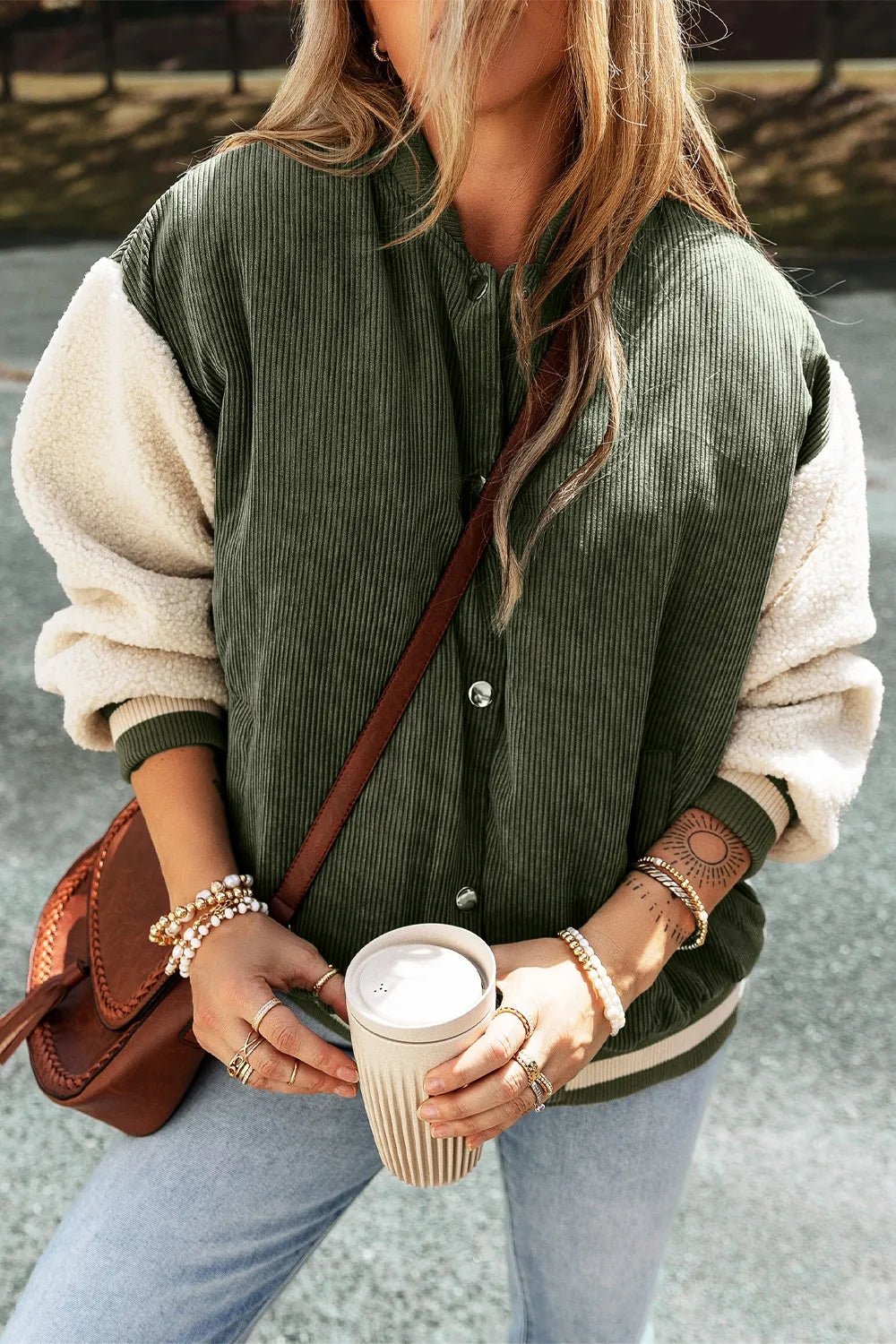 Contrast Baseball Collar Snap Down Long Sleeve Jacket - SuzRevera