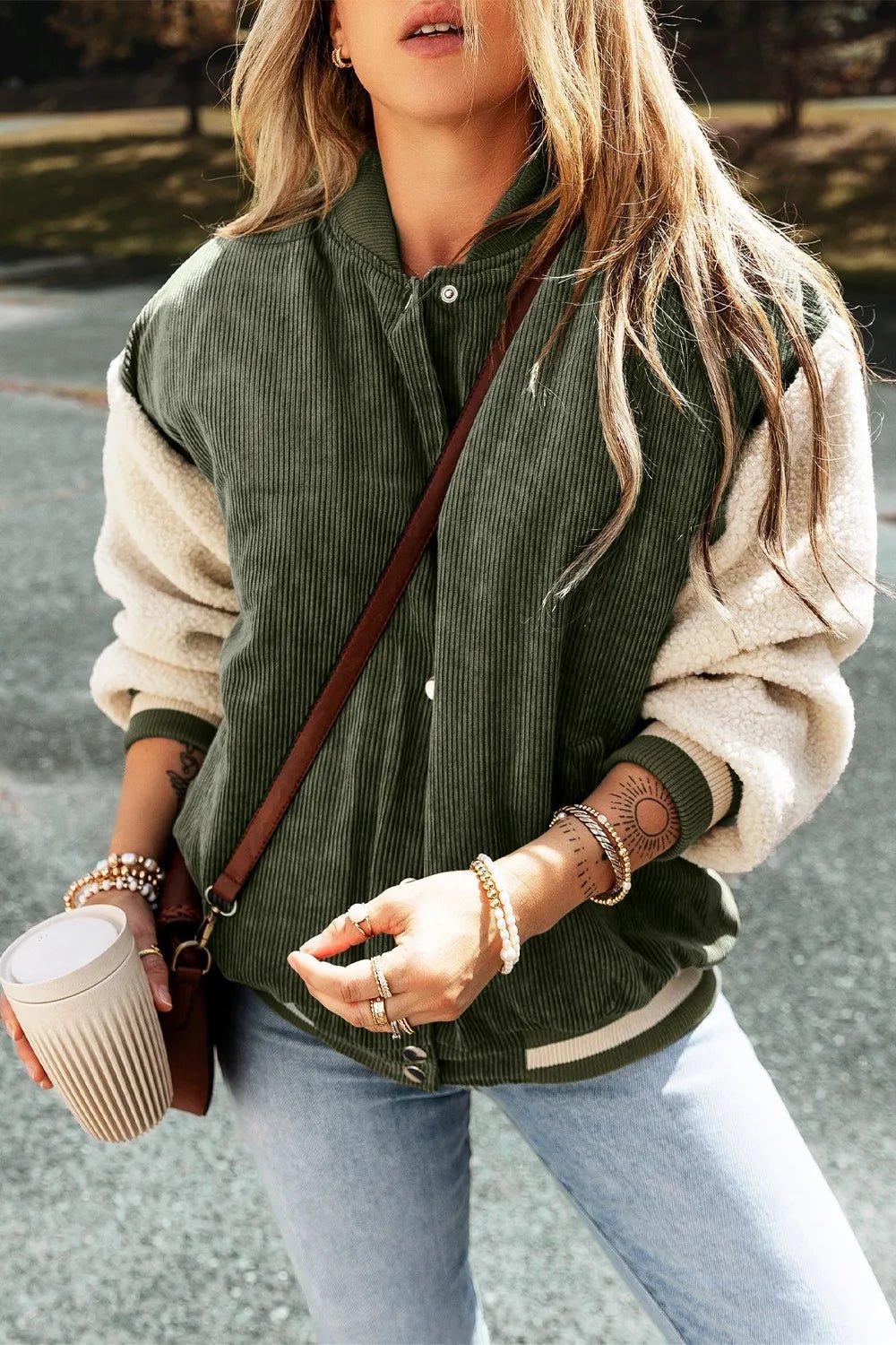 Contrast Baseball Collar Snap Down Long Sleeve Jacket - SuzRevera